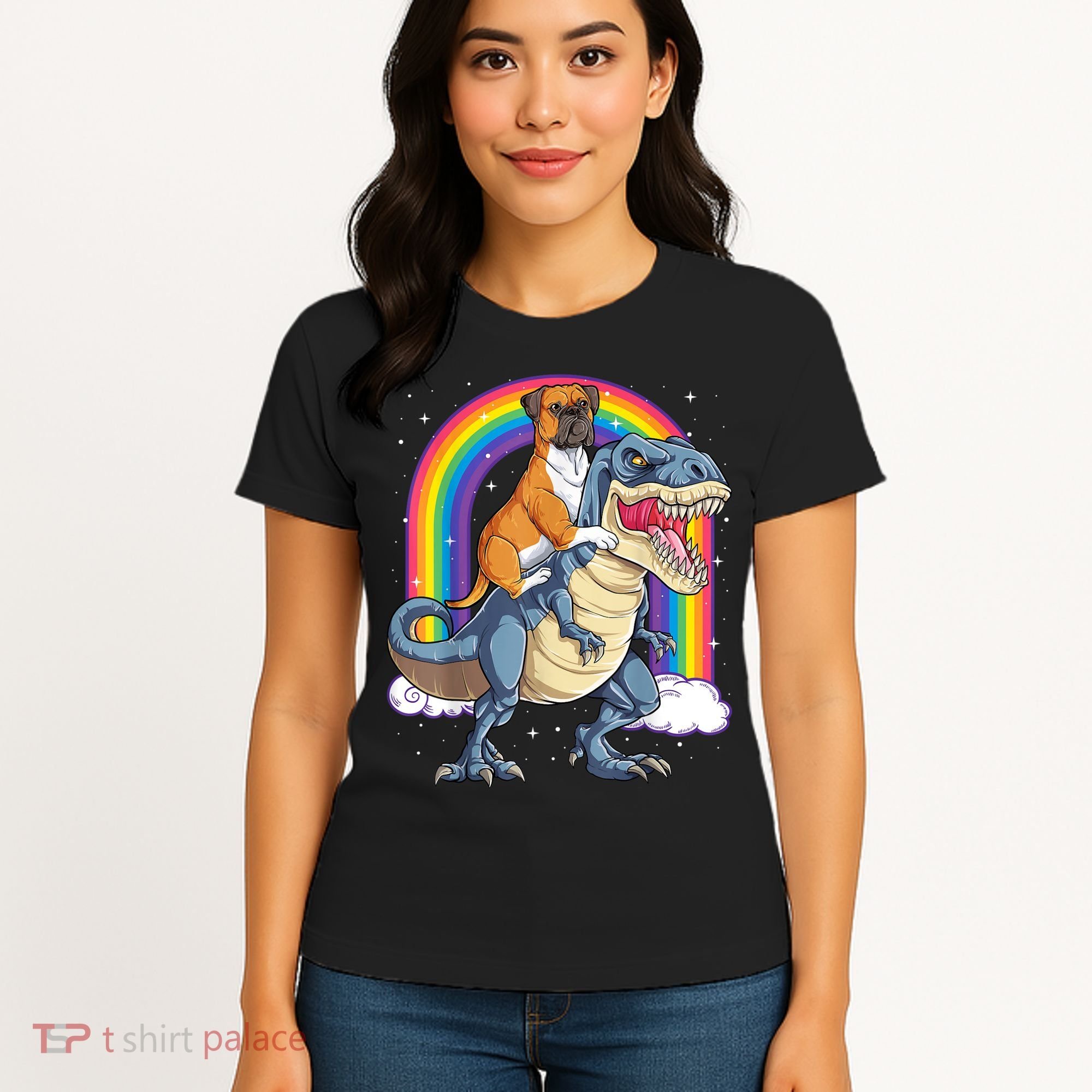 Boxer Riding Dinosaur T Rex Dog Lover Boys Kids Rainbow Women's T-Shirt