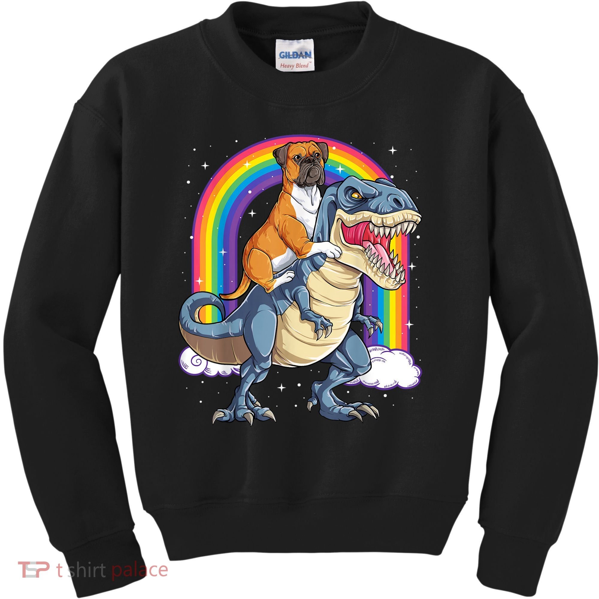 Boxer Riding Dinosaur T Rex Dog Lover Boys Kids Rainbow Kids Sweatshirt
