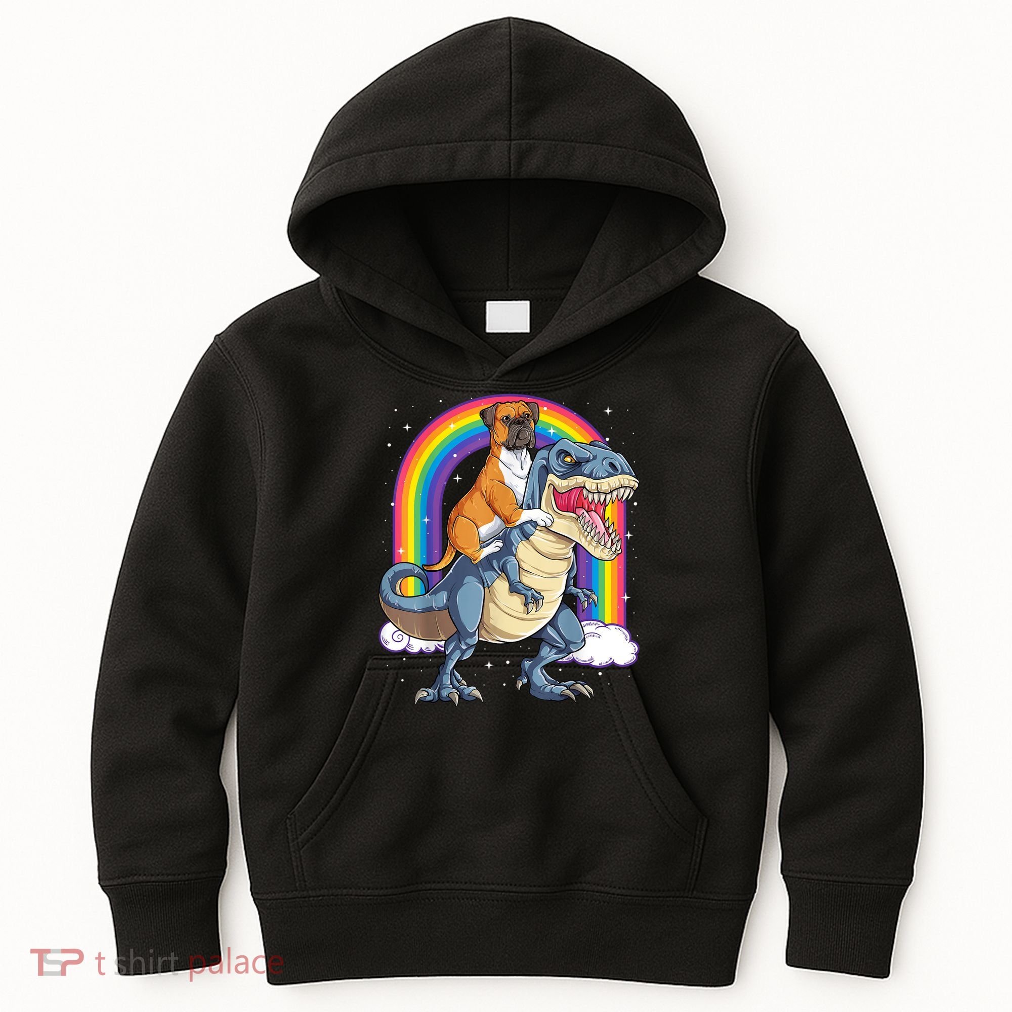 Boxer Riding Dinosaur T Rex Dog Lover Boys Kids Rainbow Kids Hoodie