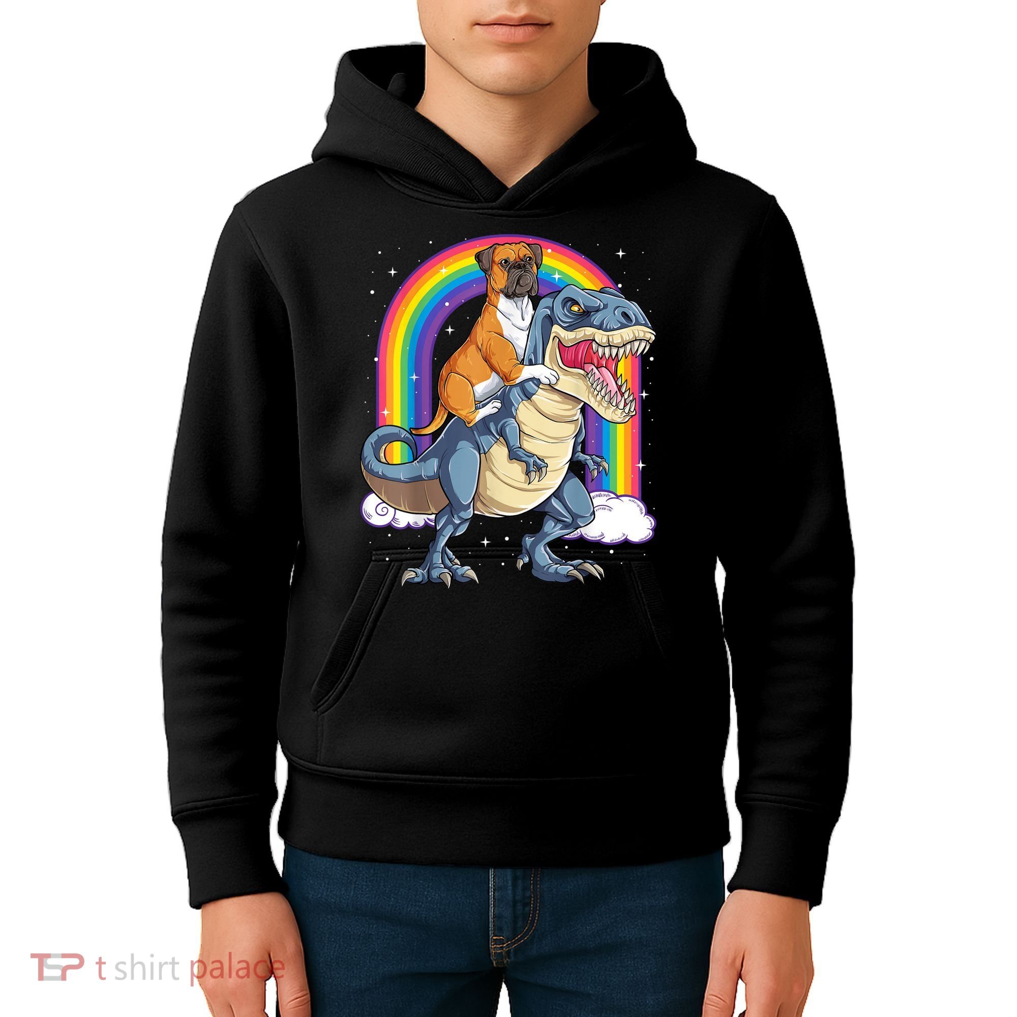 Boxer Riding Dinosaur T Rex Dog Lover Boys Kids Rainbow Kids Hoodie