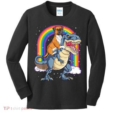 Boxer Riding Dinosaur T Rex Dog Lover Boys Kids Rainbow Kids Long Sleeve Shirt