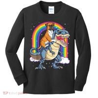 Boxer Riding Dinosaur T Rex Dog Lover Boys Kids Rainbow Kids Long Sleeve Shirt thumb 0