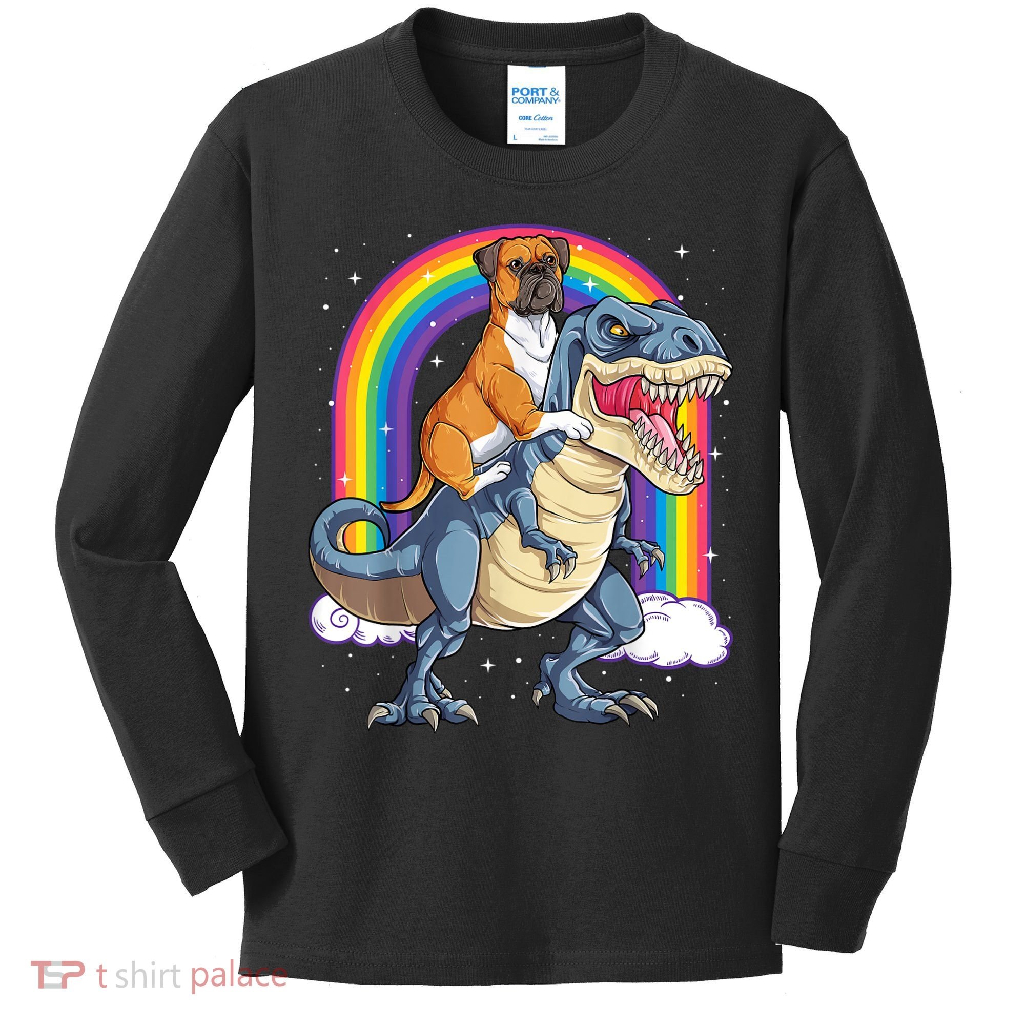 Boxer Riding Dinosaur T Rex Dog Lover Boys Kids Rainbow Kids Long Sleeve Shirt