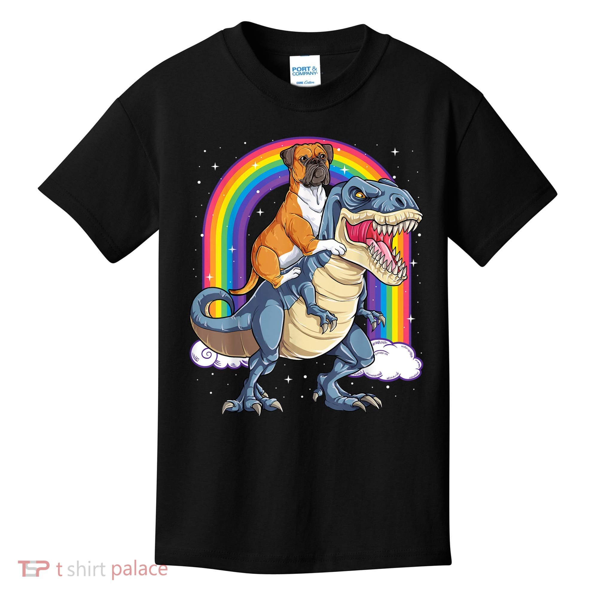 Boxer Riding Dinosaur T Rex Dog Lover Boys Kids Rainbow Kids T-Shirt