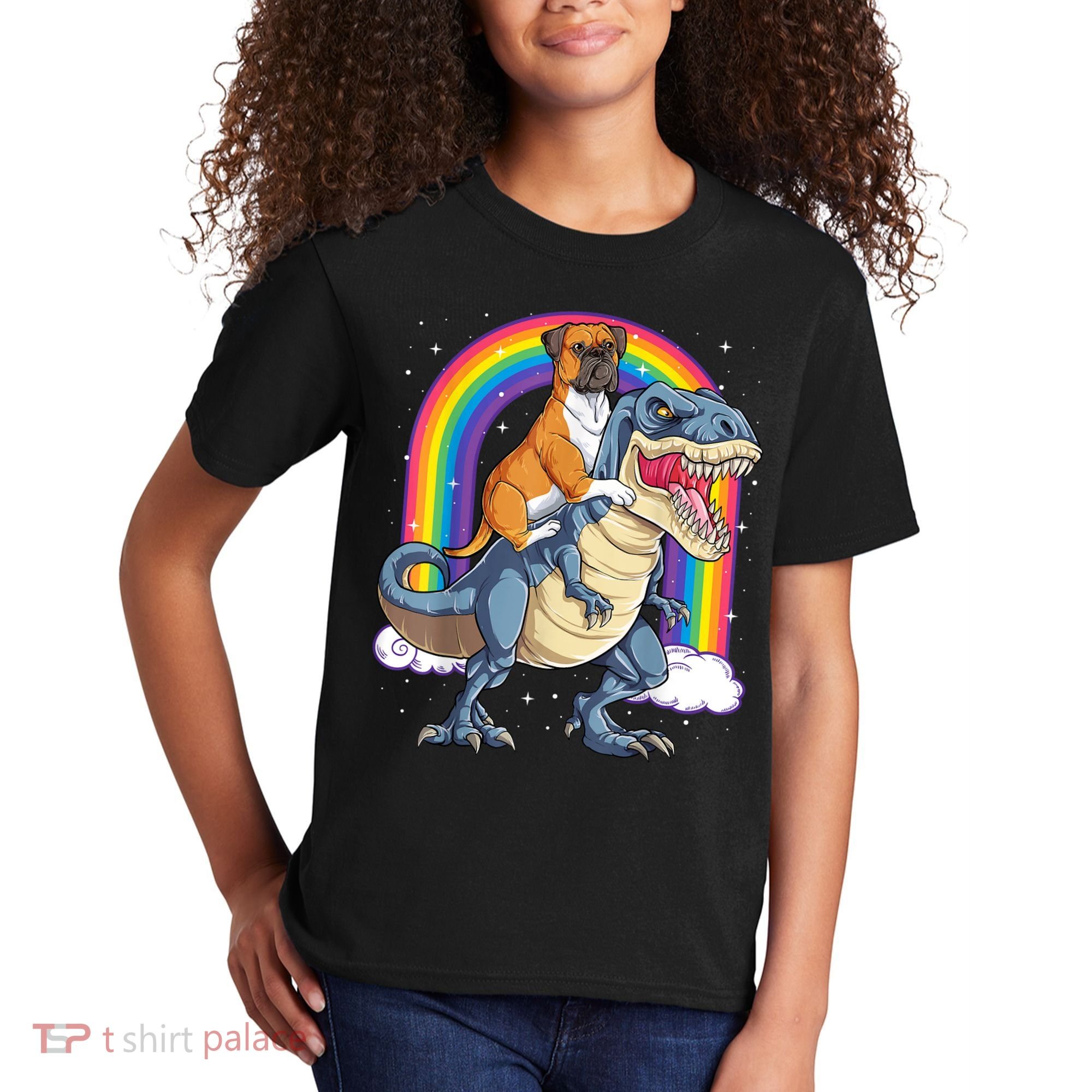 Boxer Riding Dinosaur T Rex Dog Lover Boys Kids Rainbow Kids T-Shirt