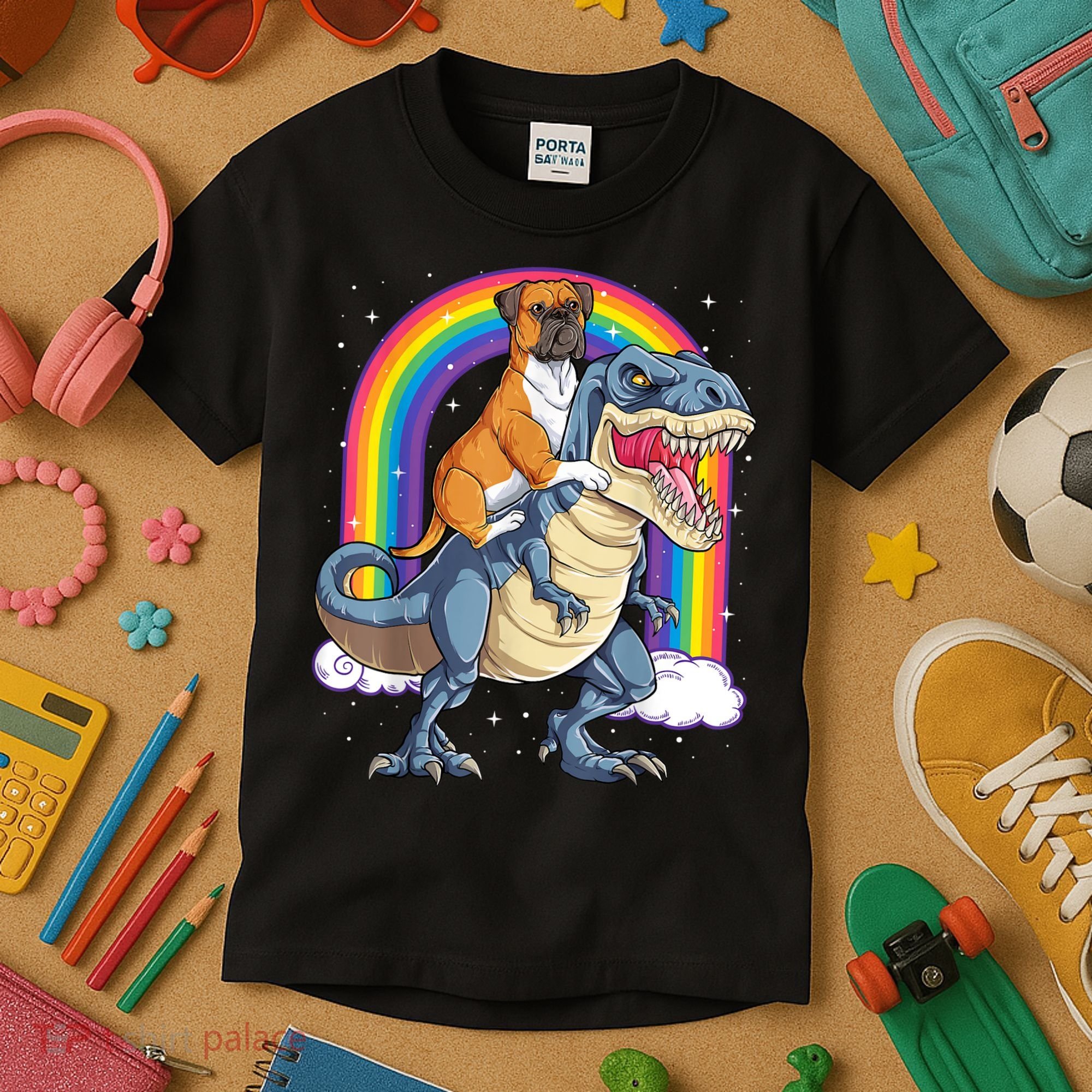 Boxer Riding Dinosaur T Rex Dog Lover Boys Kids Rainbow Kids T-Shirt