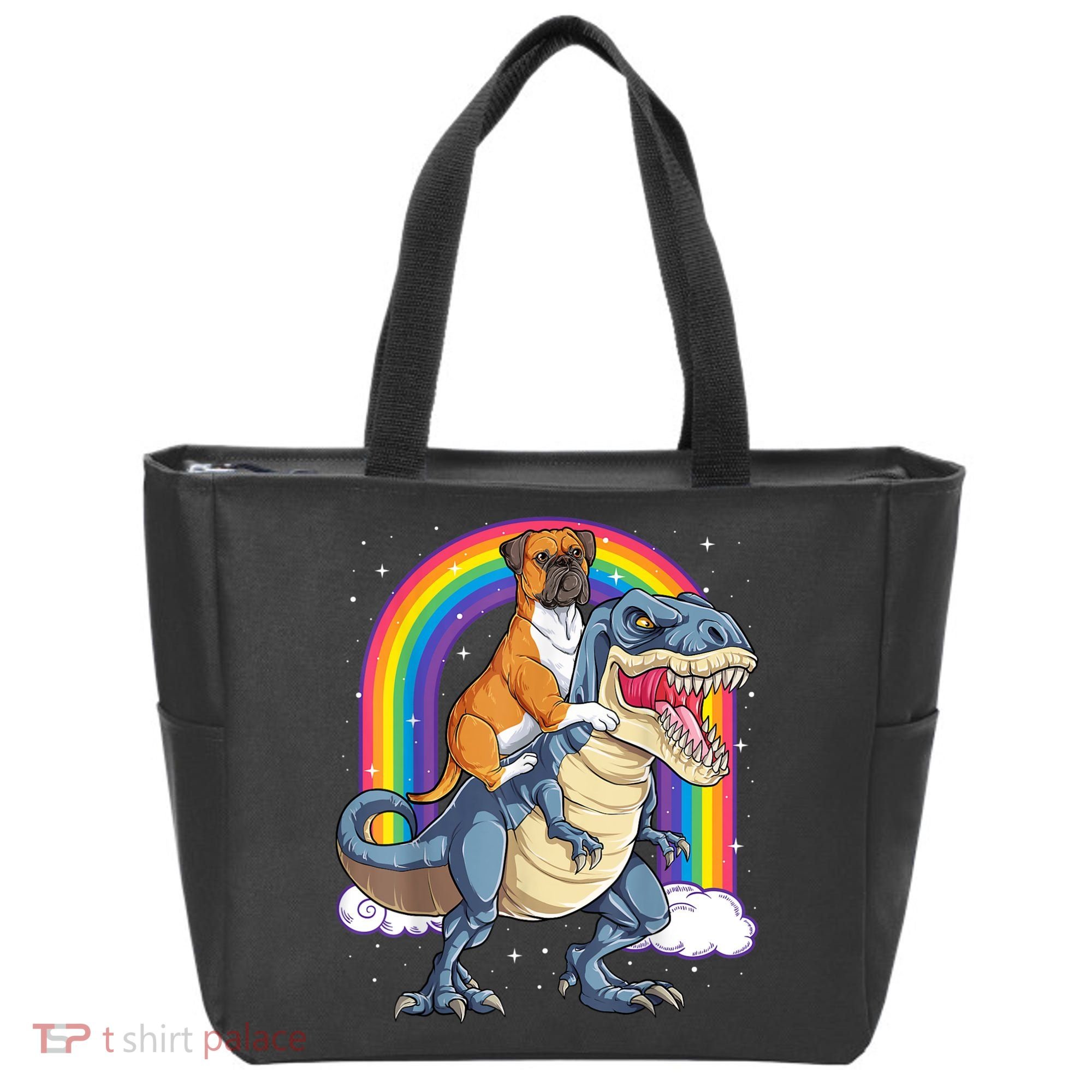 Boxer Riding Dinosaur T Rex Dog Lover Boys Kids Rainbow Tote Bag