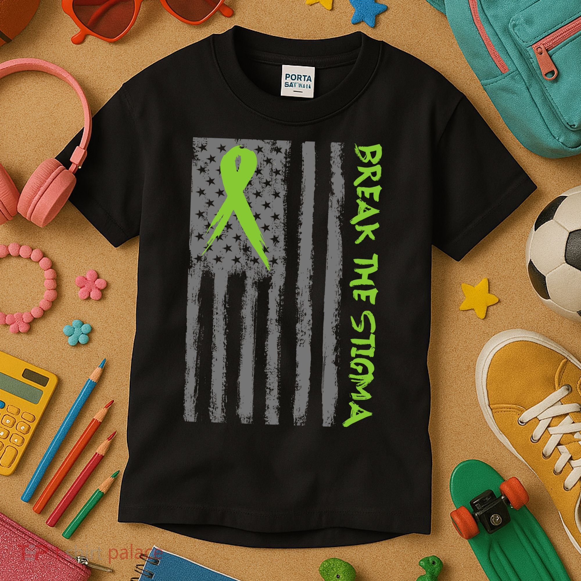 Break The Stigma Ribbon Flag Mental Heath Kids T-Shirt