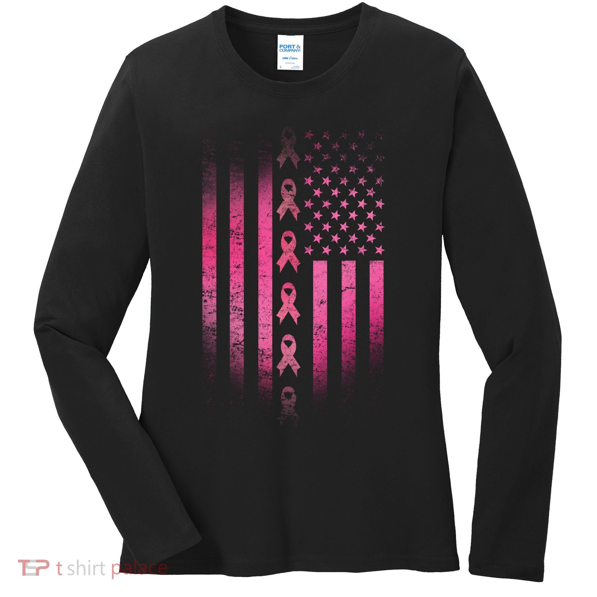 Breast Cancer American Flag Women's Long Sleeve Shirt