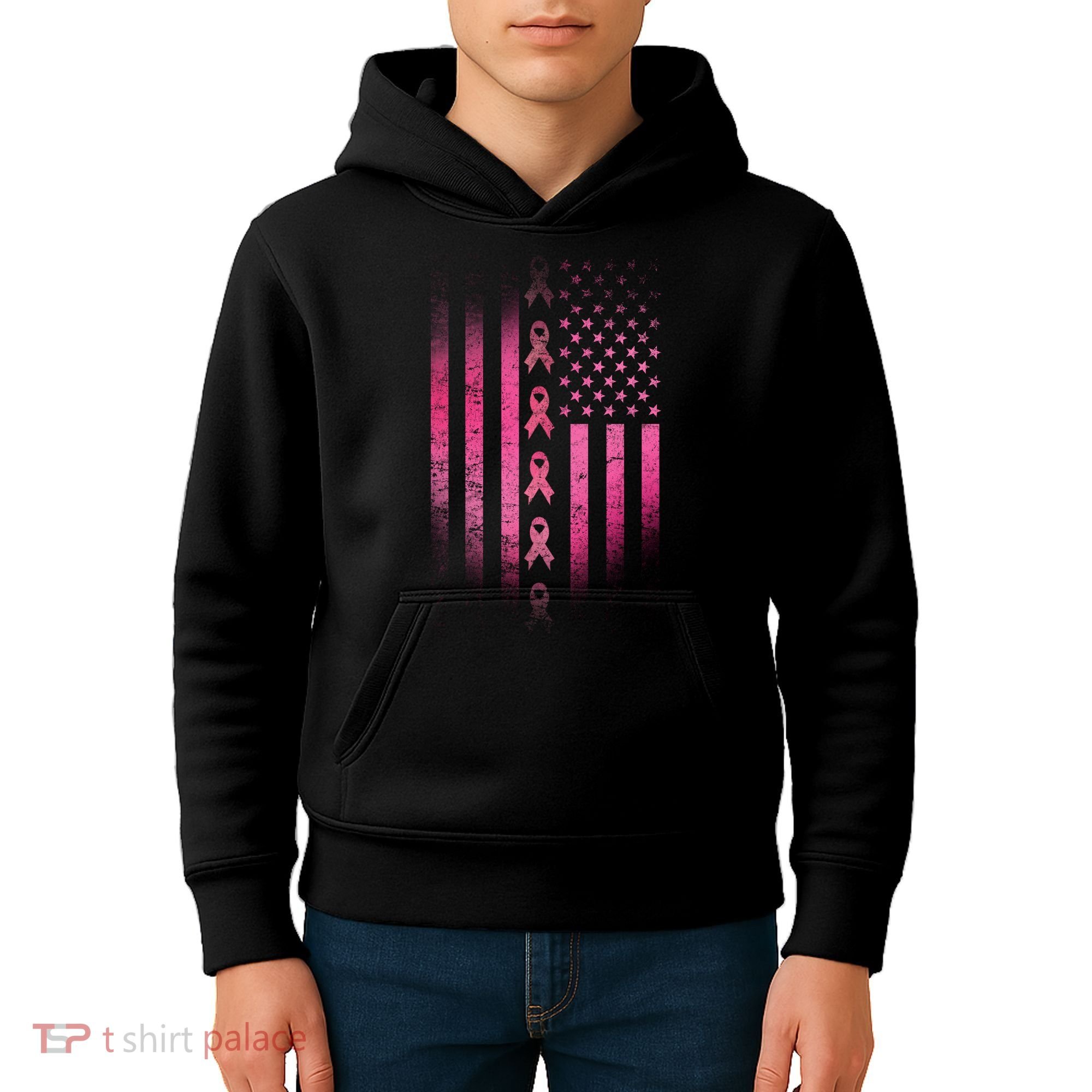 Breast Cancer American Flag Kids Hoodie