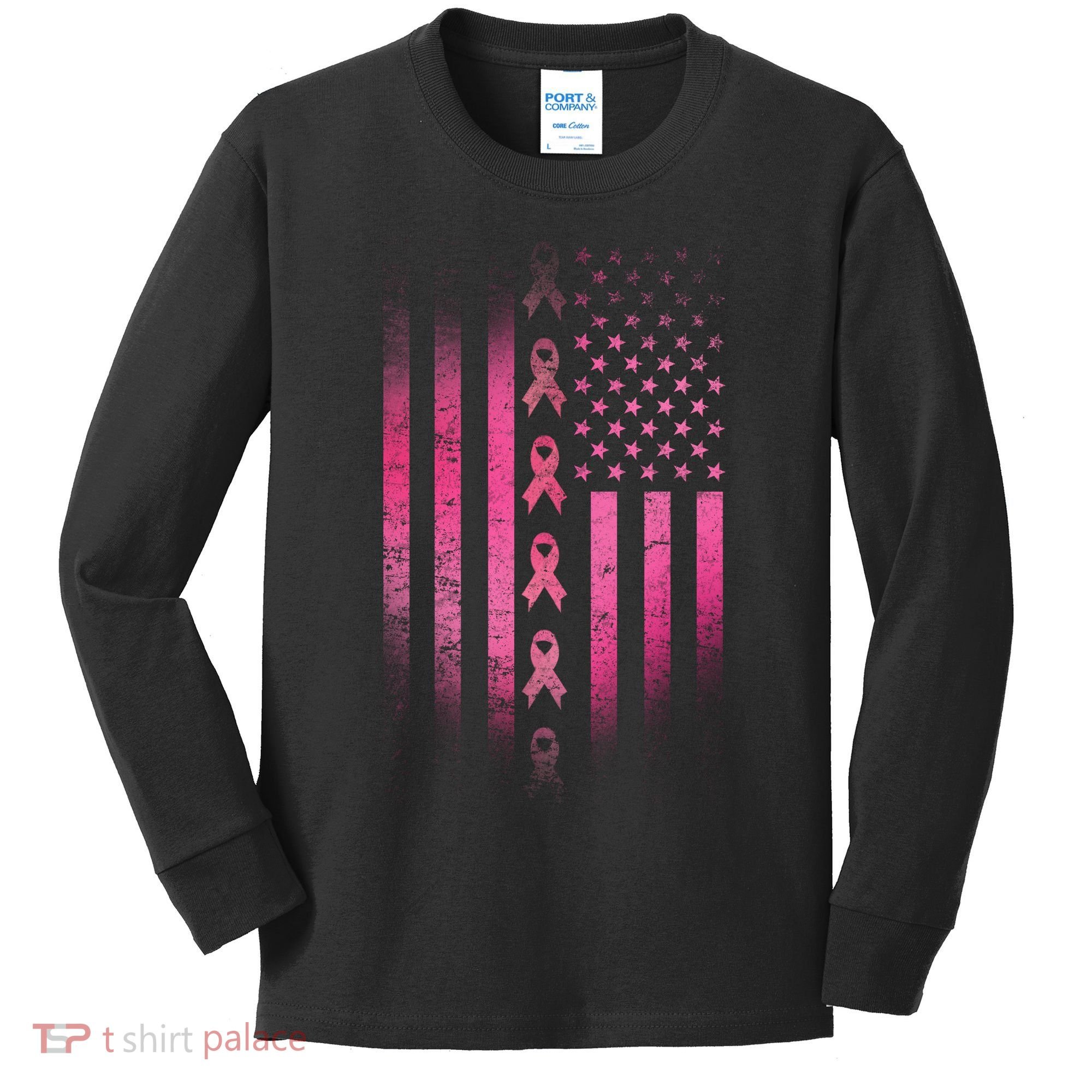 Breast Cancer American Flag Kids Long Sleeve Shirt