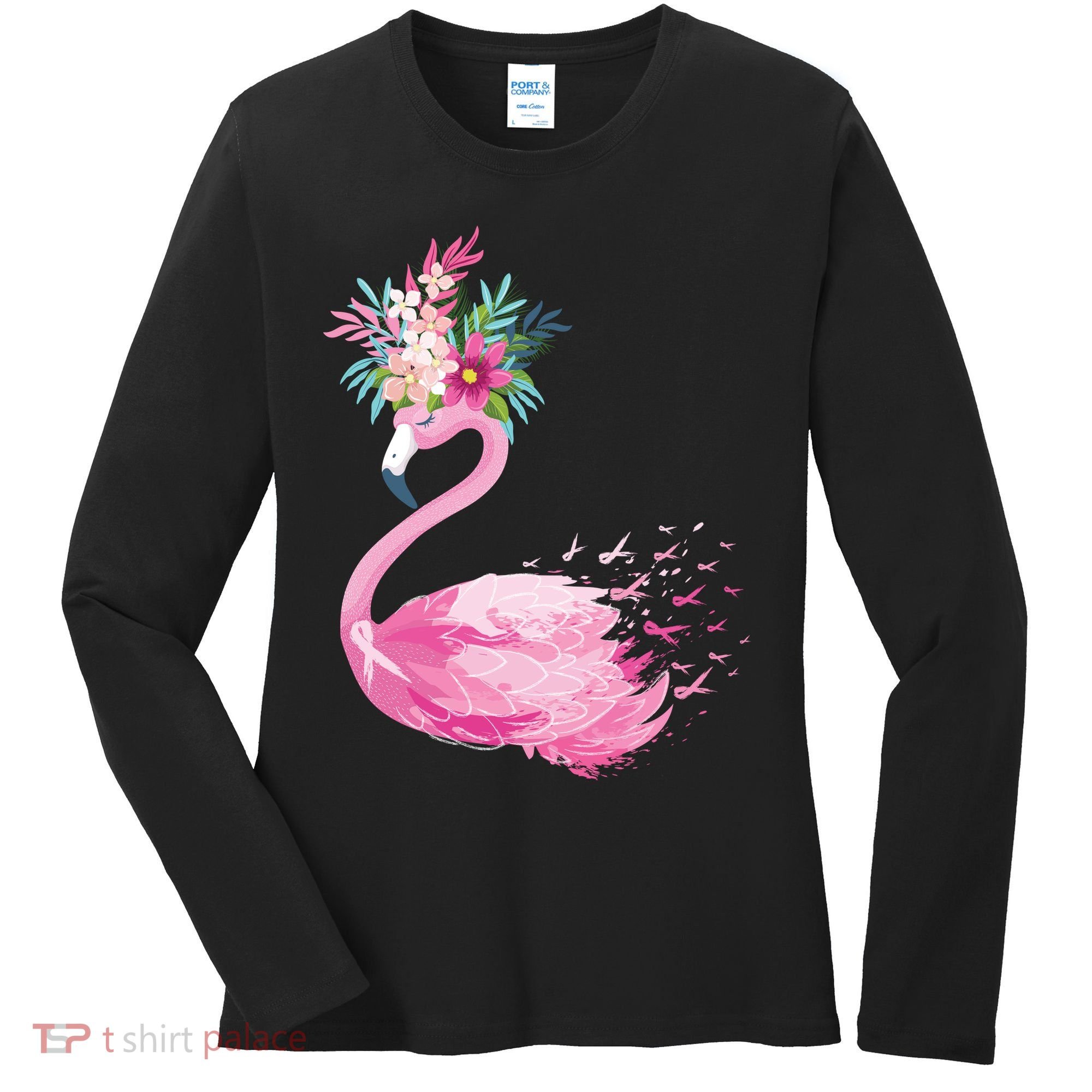 Breast Cancer Awareness Flamingo Floral Women's Long Sleeve Shirt