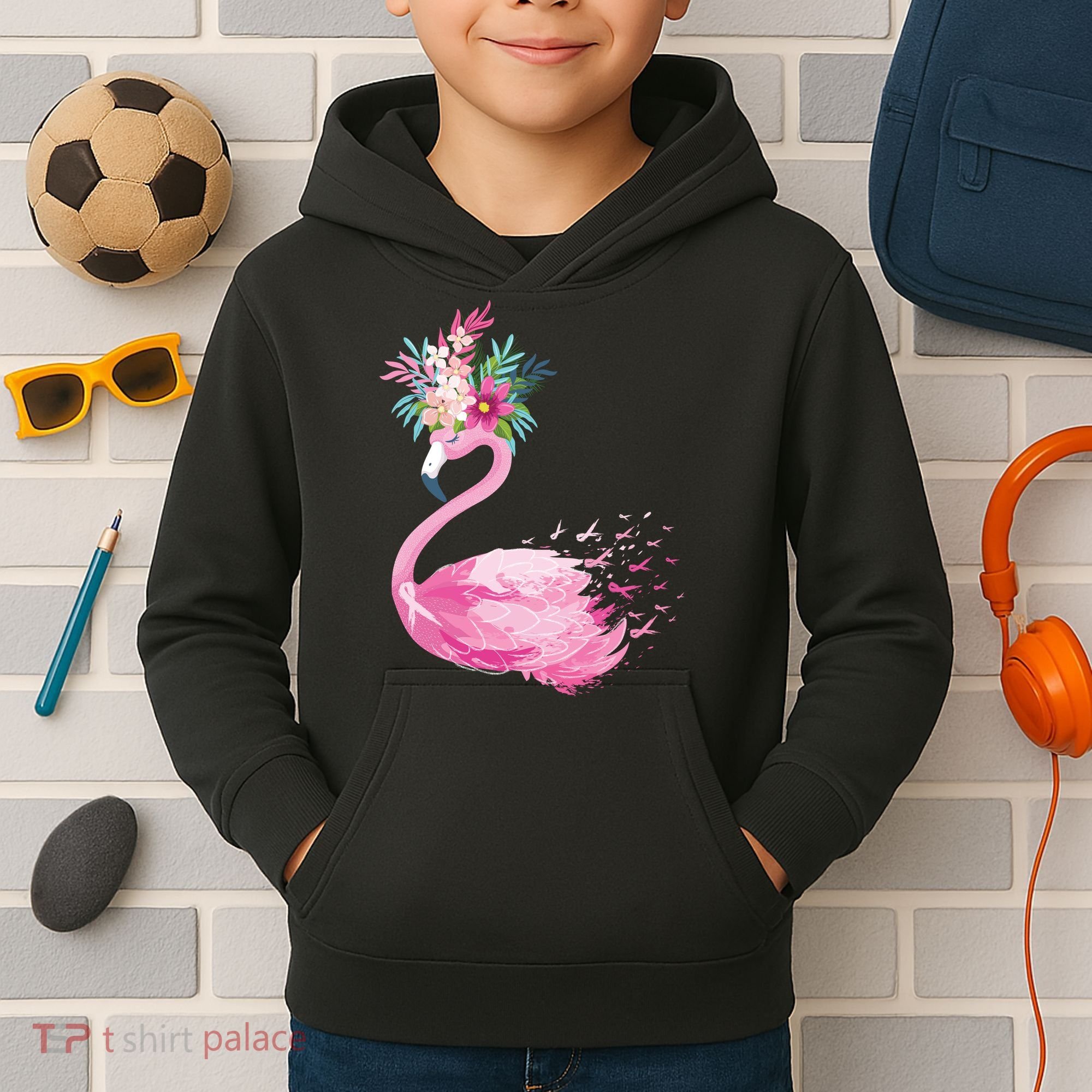 Breast Cancer Awareness Flamingo Floral Kids Hoodie