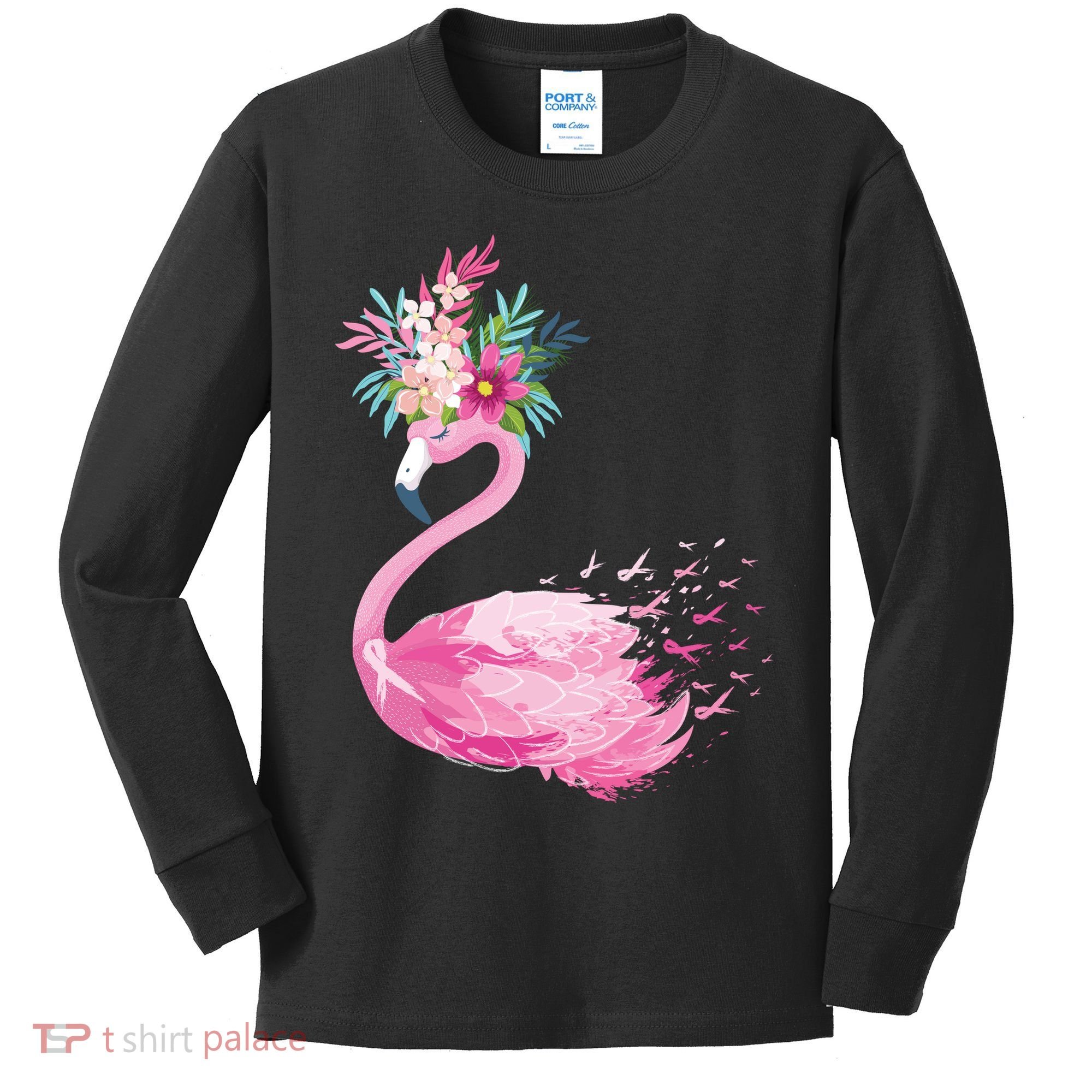 Breast Cancer Awareness Flamingo Floral Kids Long Sleeve Shirt