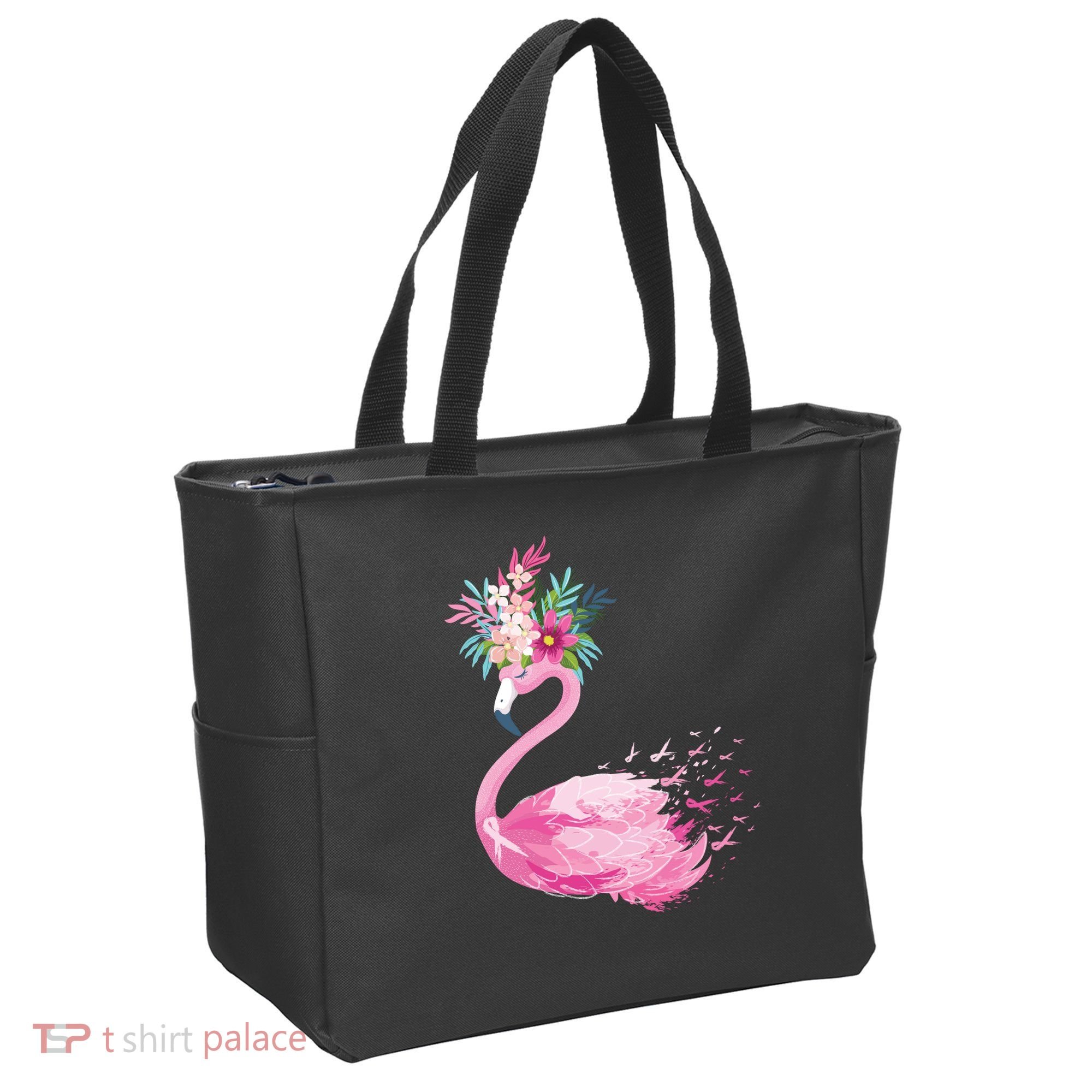 Breast Cancer Awareness Flamingo Floral Tote Bag