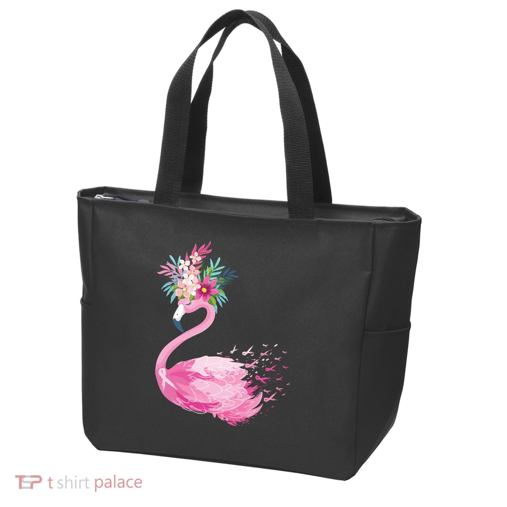 Breast Cancer Awareness Flamingo Floral Tote Bag