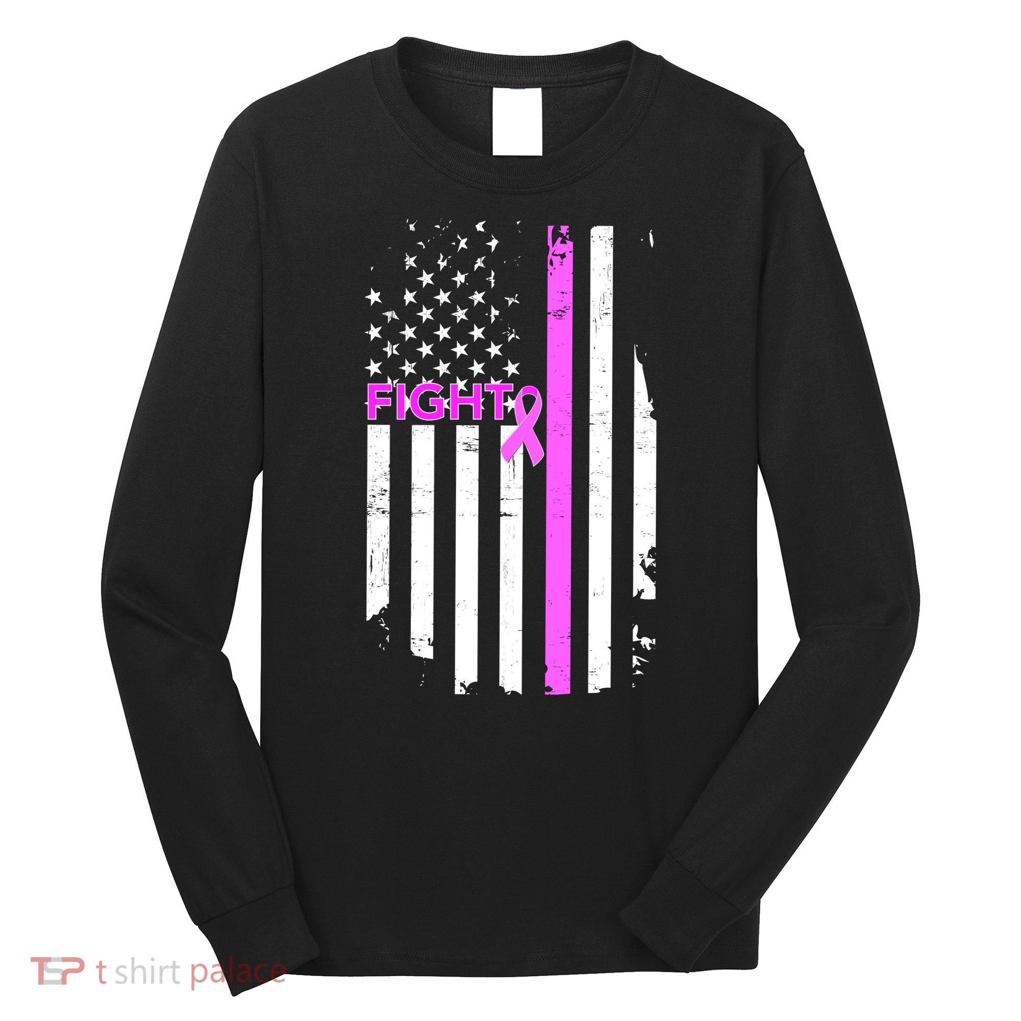 Breast Cancer Fight Ribbon Flag Long Sleeve Shirt