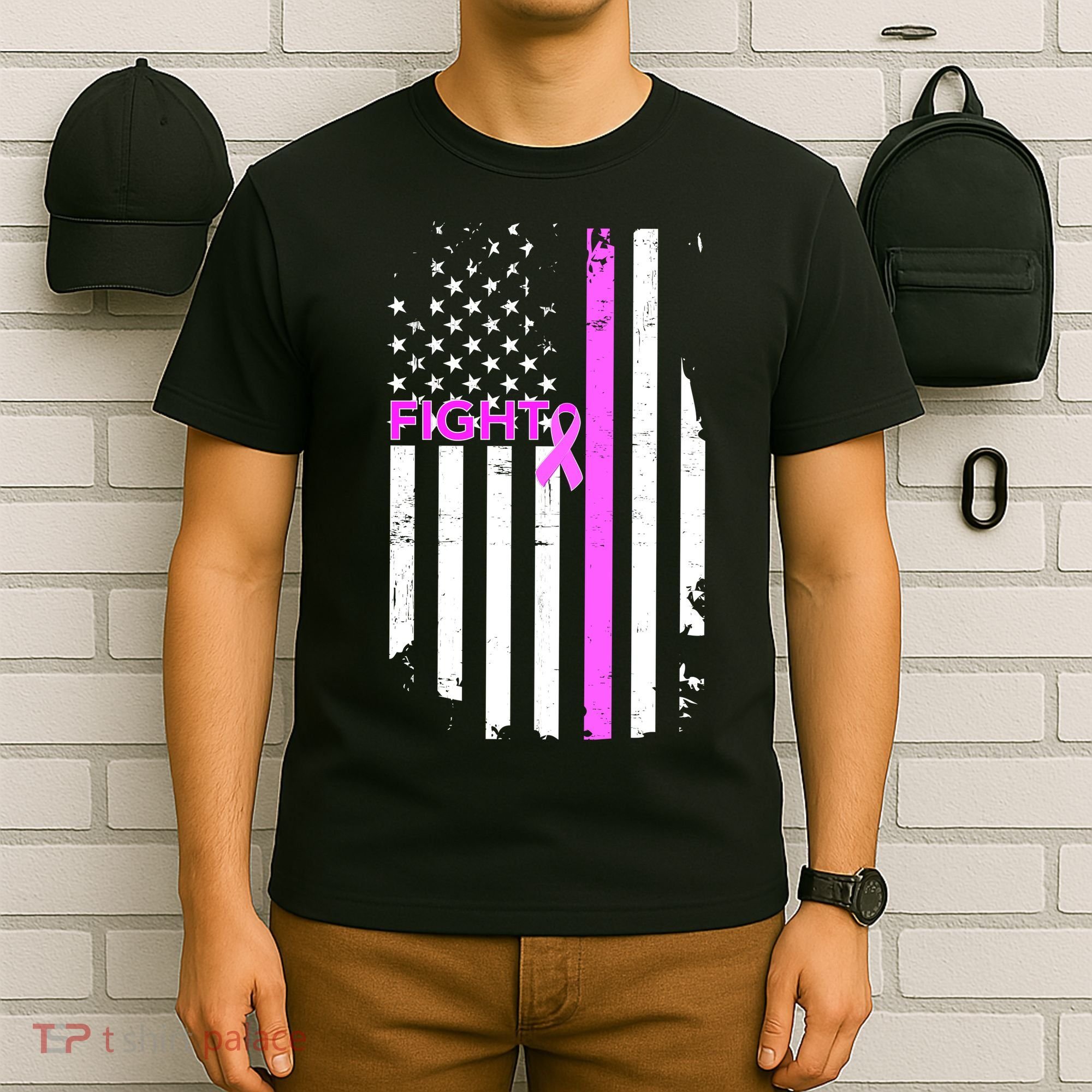 Breast Cancer Fight Ribbon Flag T-Shirt