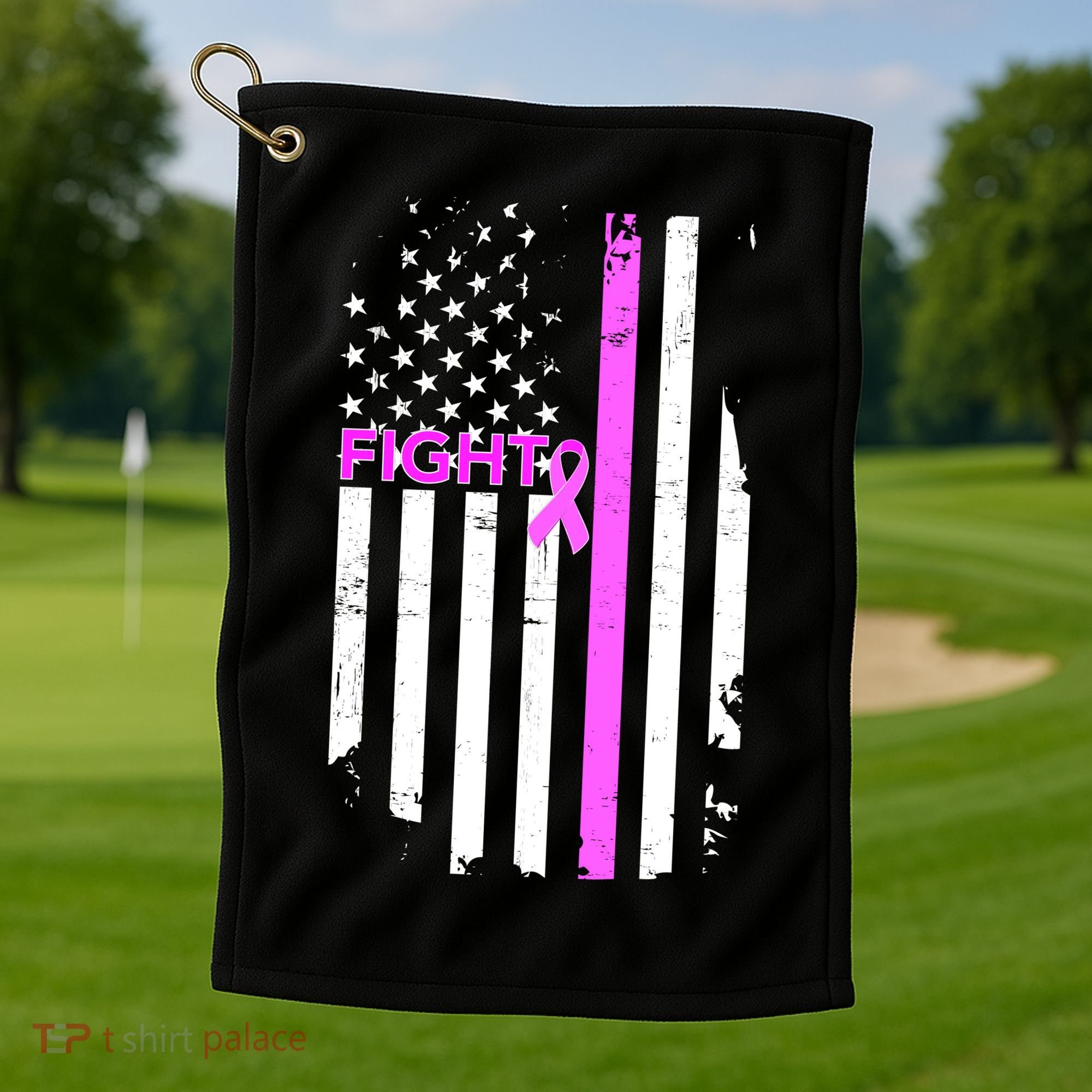 Breast Cancer Fight Ribbon Flag Golf Towel