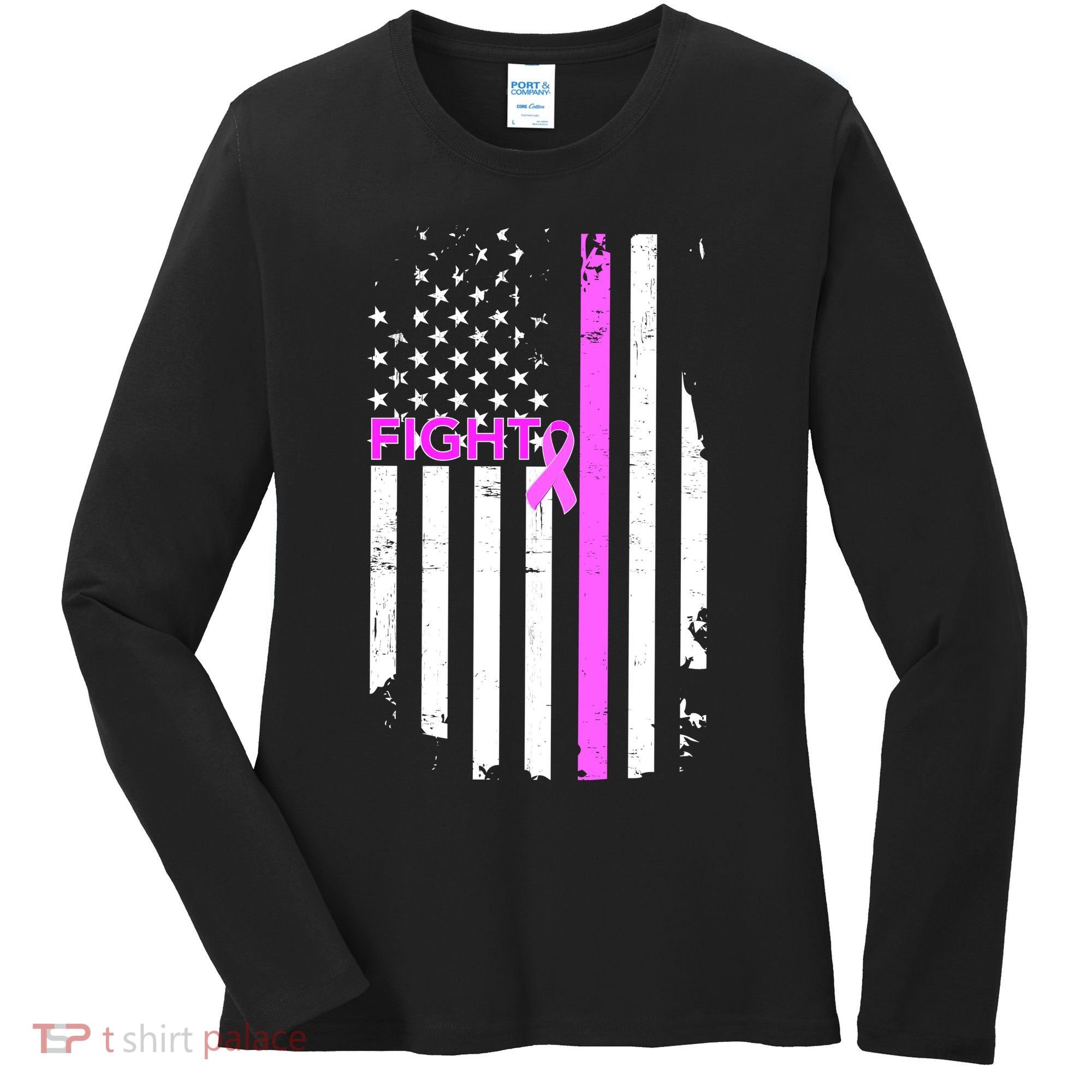 Breast Cancer Fight Ribbon Flag Women's Long Sleeve Shirt