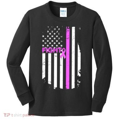 Breast Cancer Fight Ribbon Flag Kids Long Sleeve Shirt