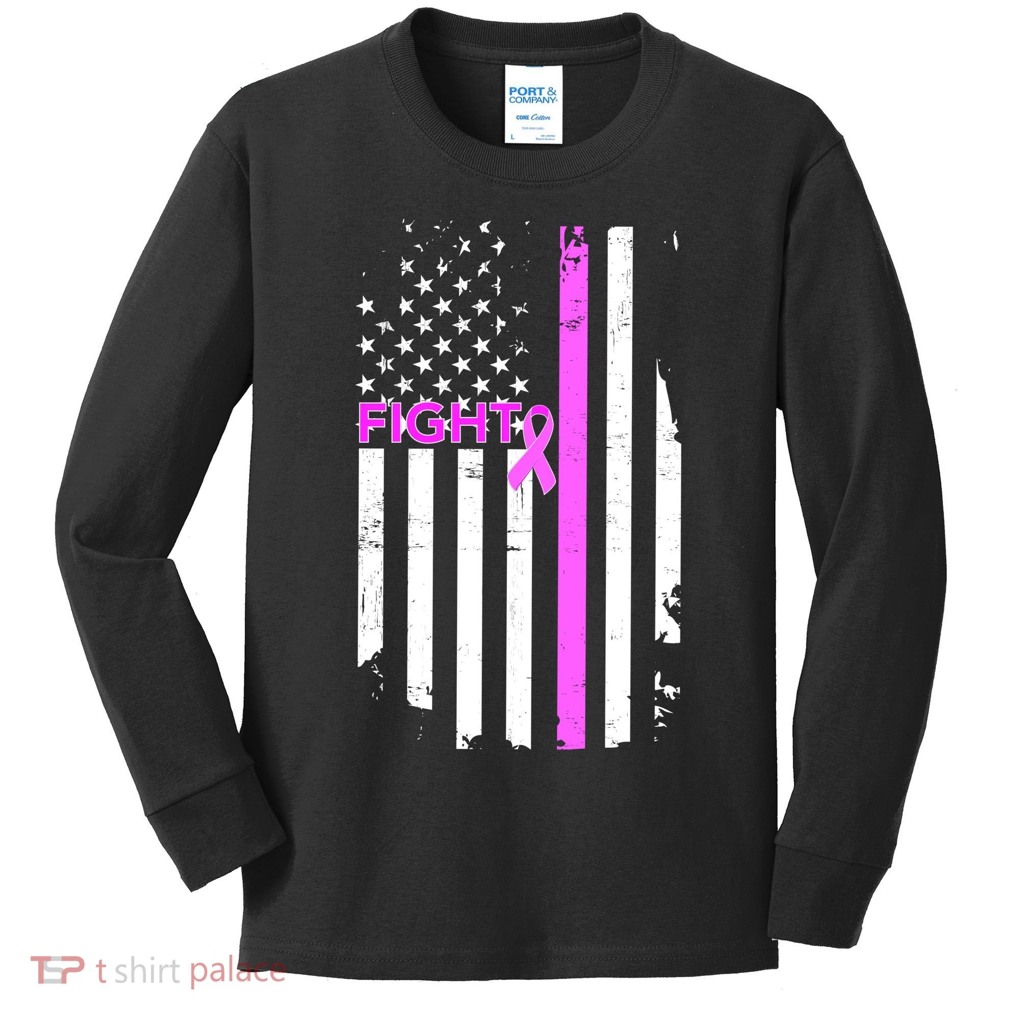 Breast Cancer Fight Ribbon Flag Kids Long Sleeve Shirt