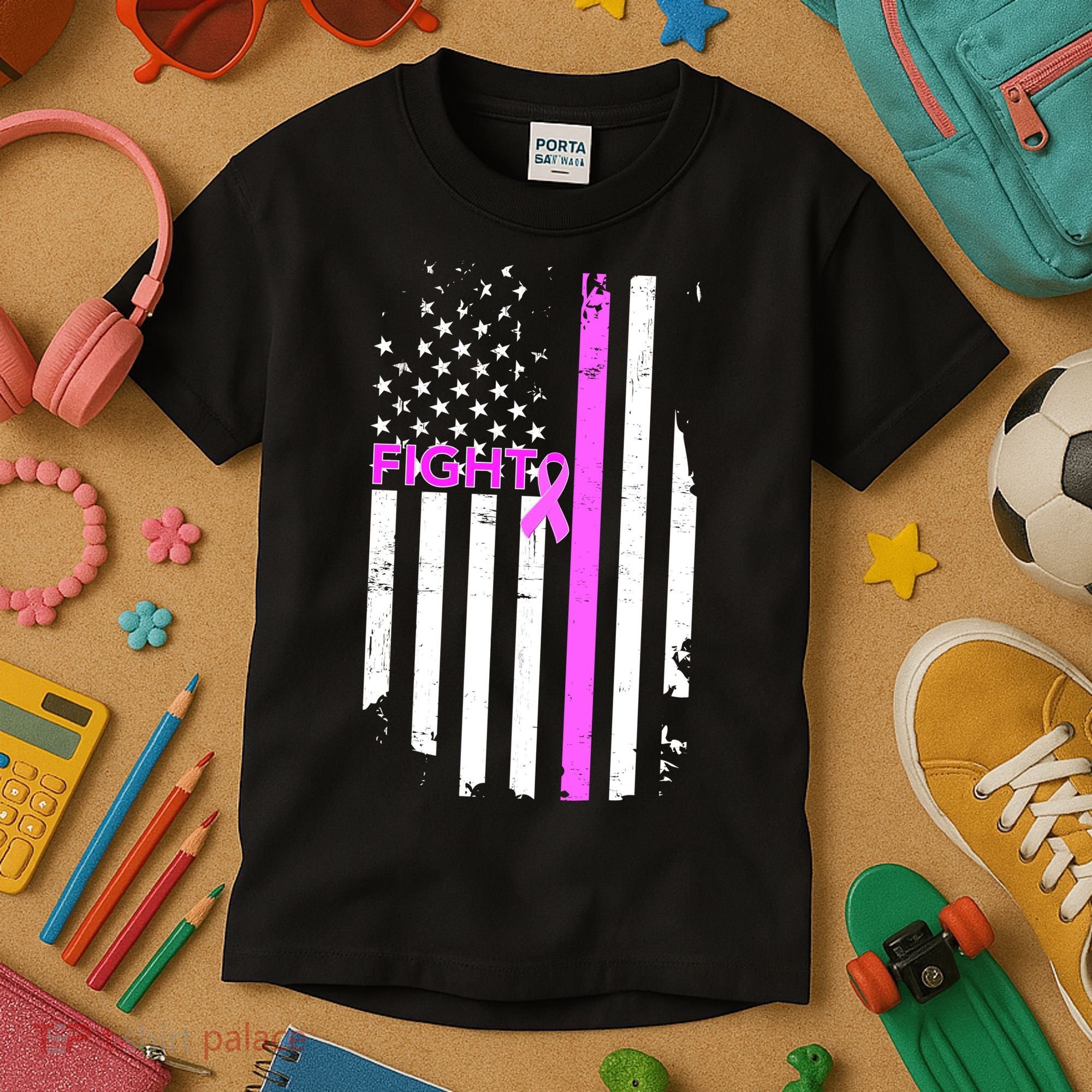 Breast Cancer Fight Ribbon Flag Kids T-Shirt