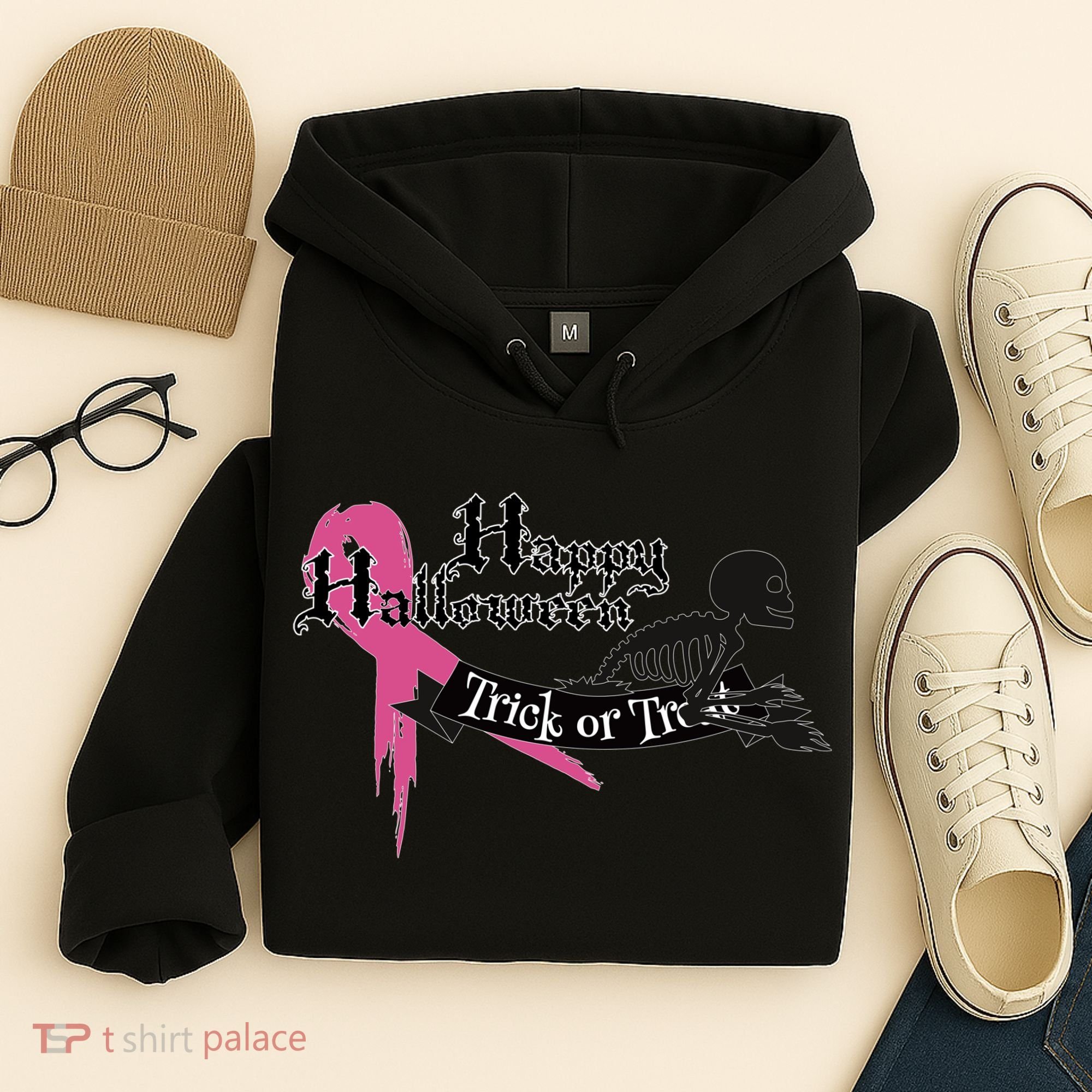Breast Cancer Happy Halloween Skeleton Hoodie