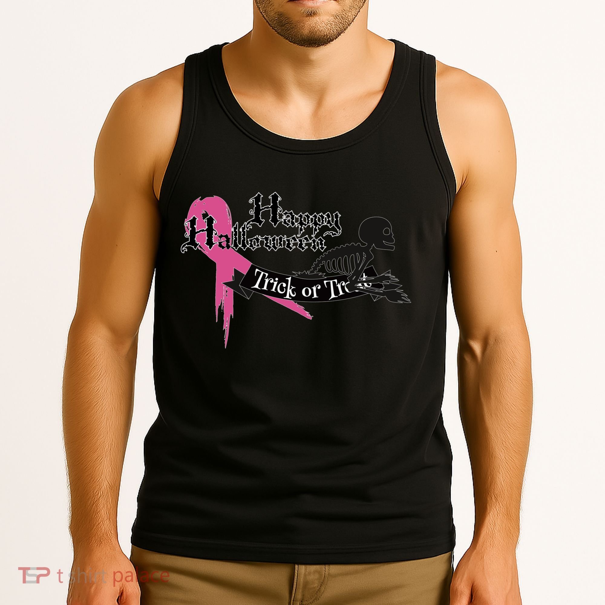 Breast Cancer Happy Halloween Skeleton Tank Top