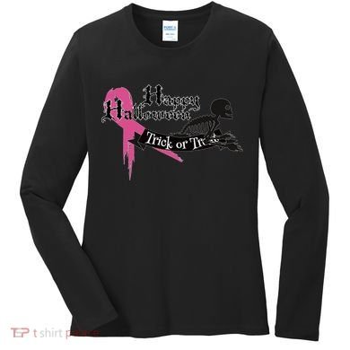Breast Cancer Happy Halloween Skeleton Women's Long Sleeve Shirt
