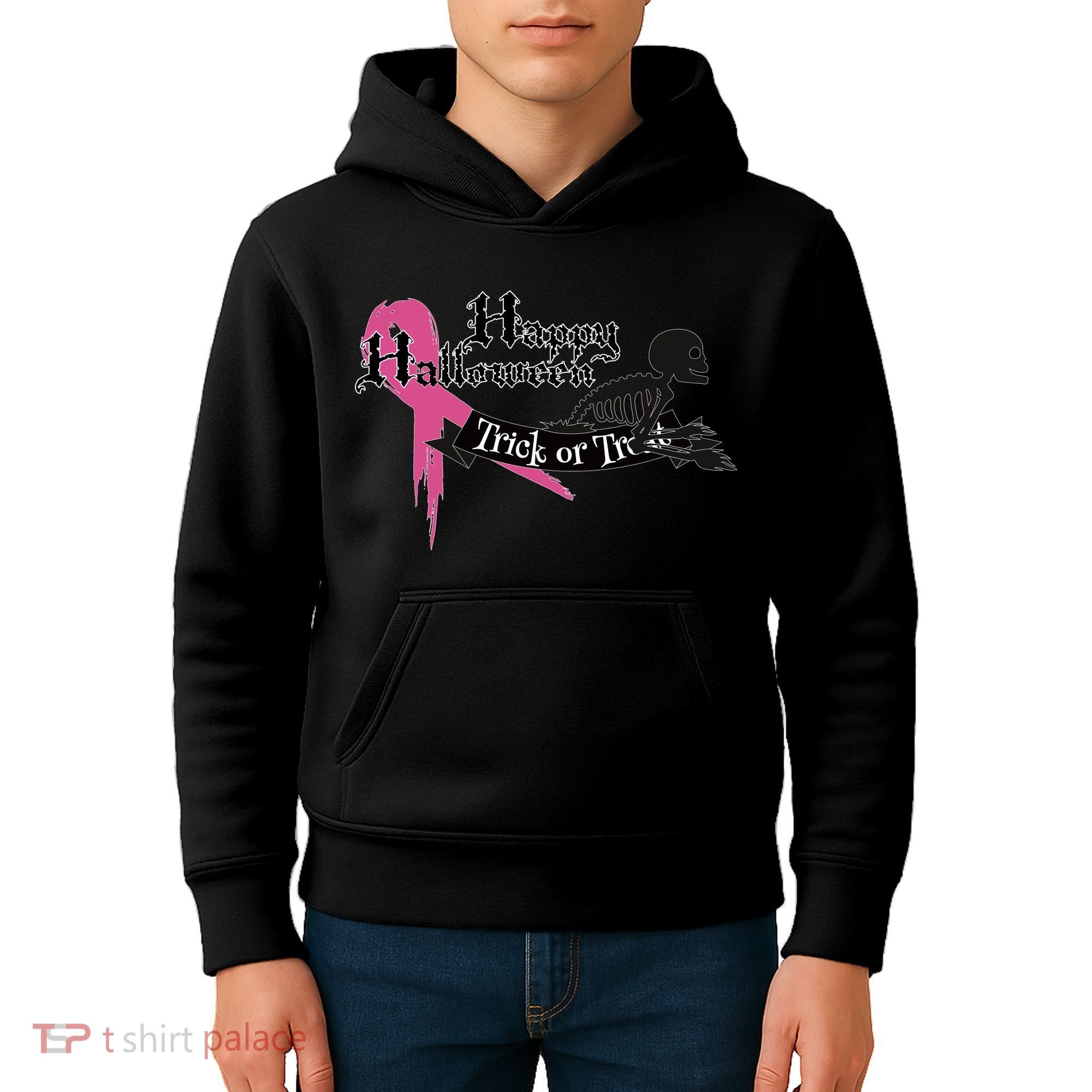 Breast Cancer Happy Halloween Skeleton Kids Hoodie