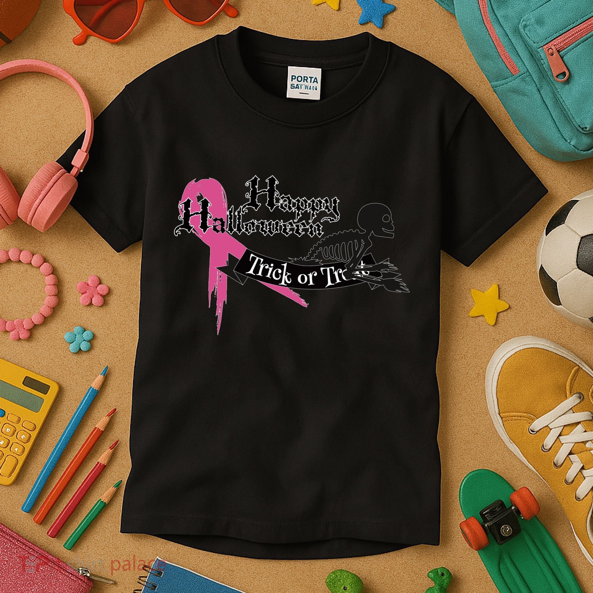 Breast Cancer Happy Halloween Skeleton Kids T-Shirt