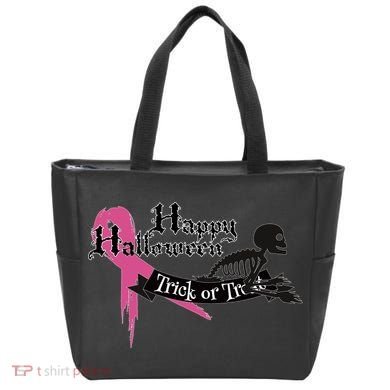 Breast Cancer Happy Halloween Skeleton Tote Bag