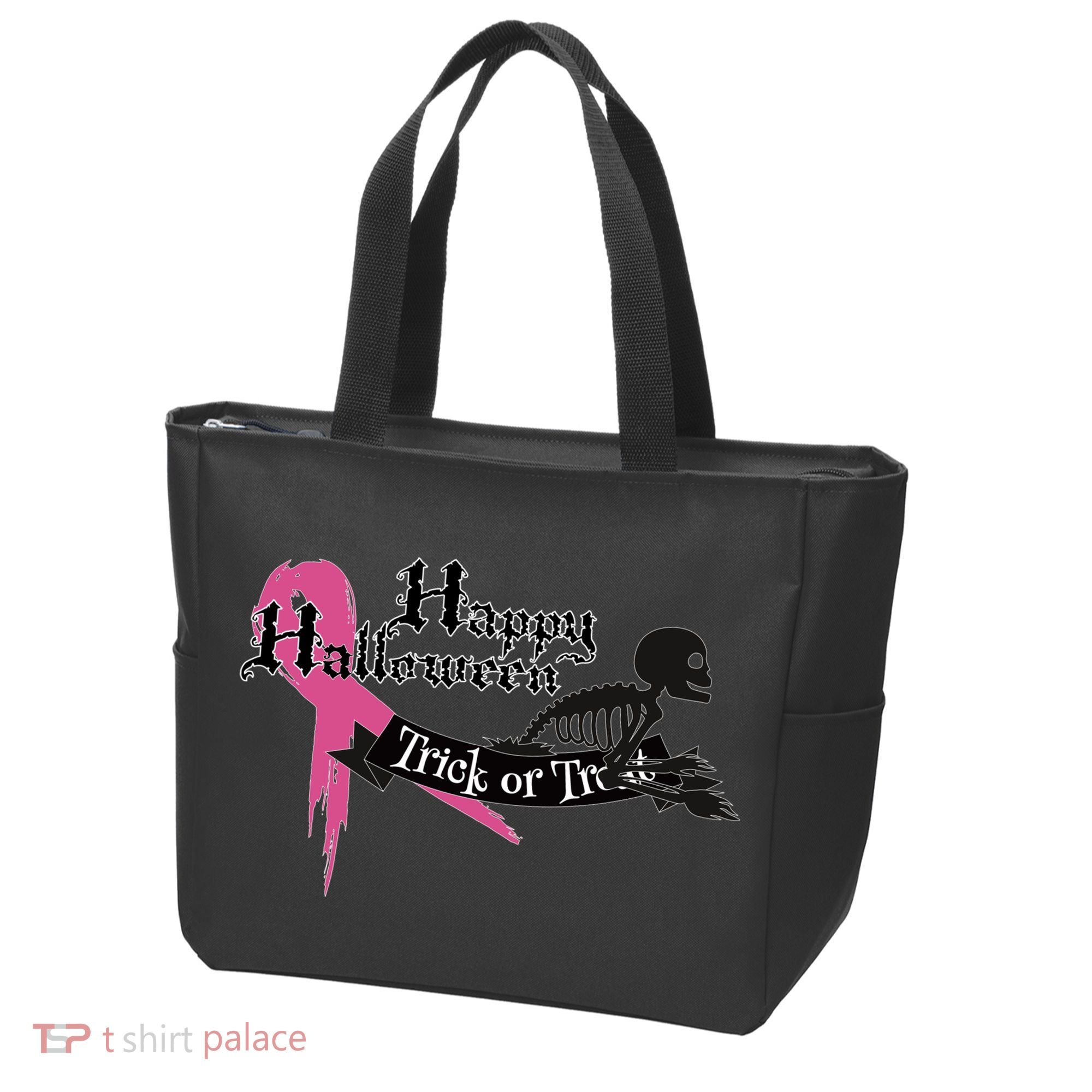 Breast Cancer Happy Halloween Skeleton Tote Bag