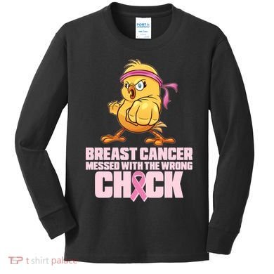 Breast Cancer Messed With The Wrong Chick Funny Kids Long Sleeve Shirt