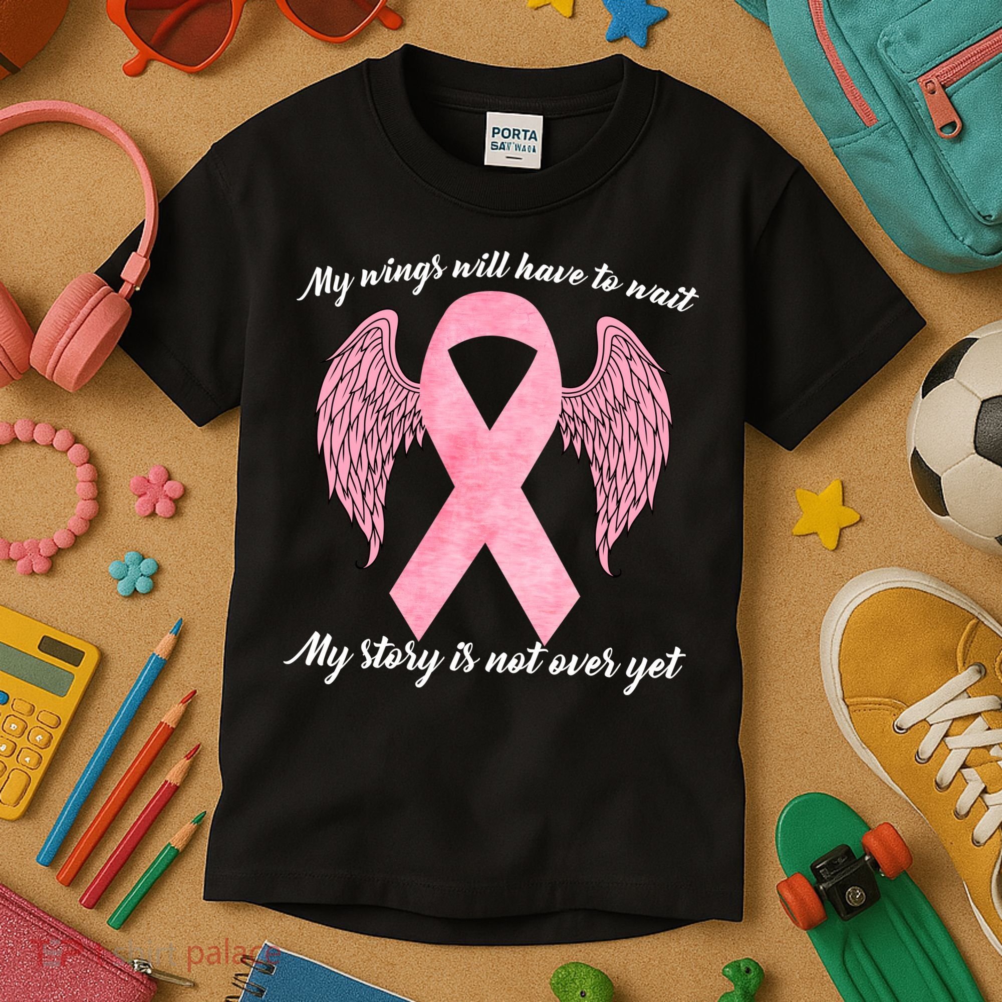 Breast Cancer My Wings Will Have To Wait Kids T-Shirt