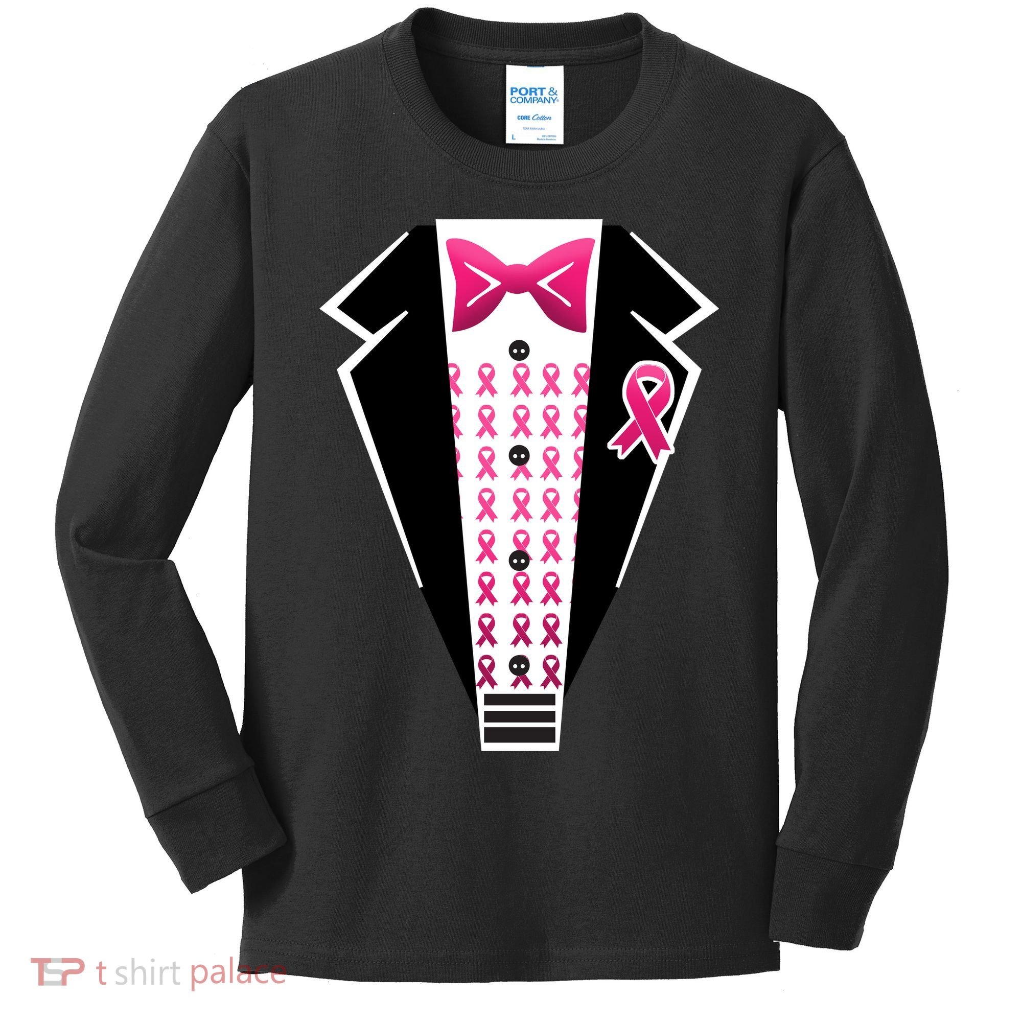 Breast Cancer Ribbon Tuxedo Kids Long Sleeve Shirt