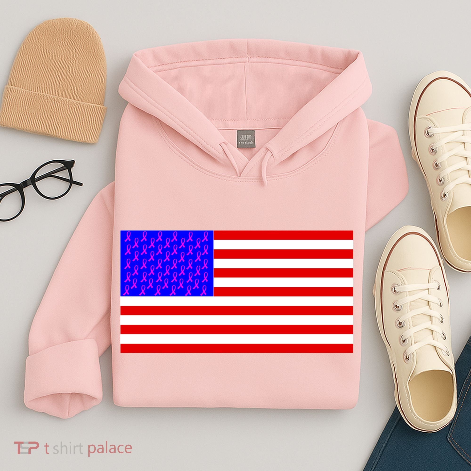 Breast Cancer Ribbons USA Flag Hoodie
