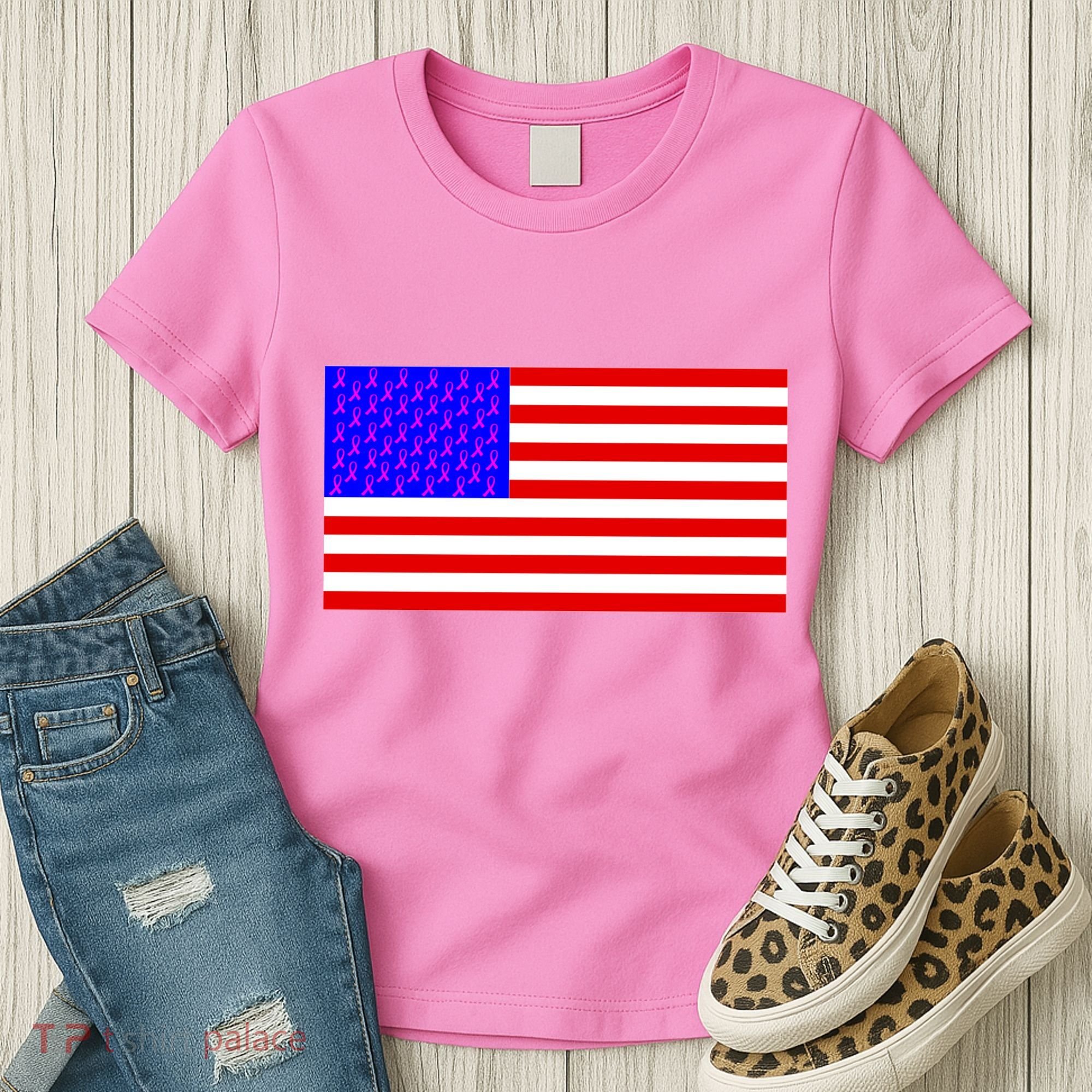 Breast Cancer Ribbons USA Flag Women's T-Shirt