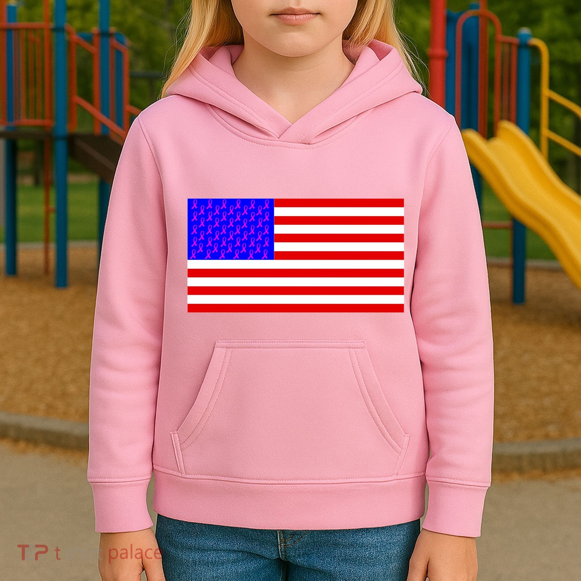 Breast Cancer Ribbons USA Flag Kids Hoodie