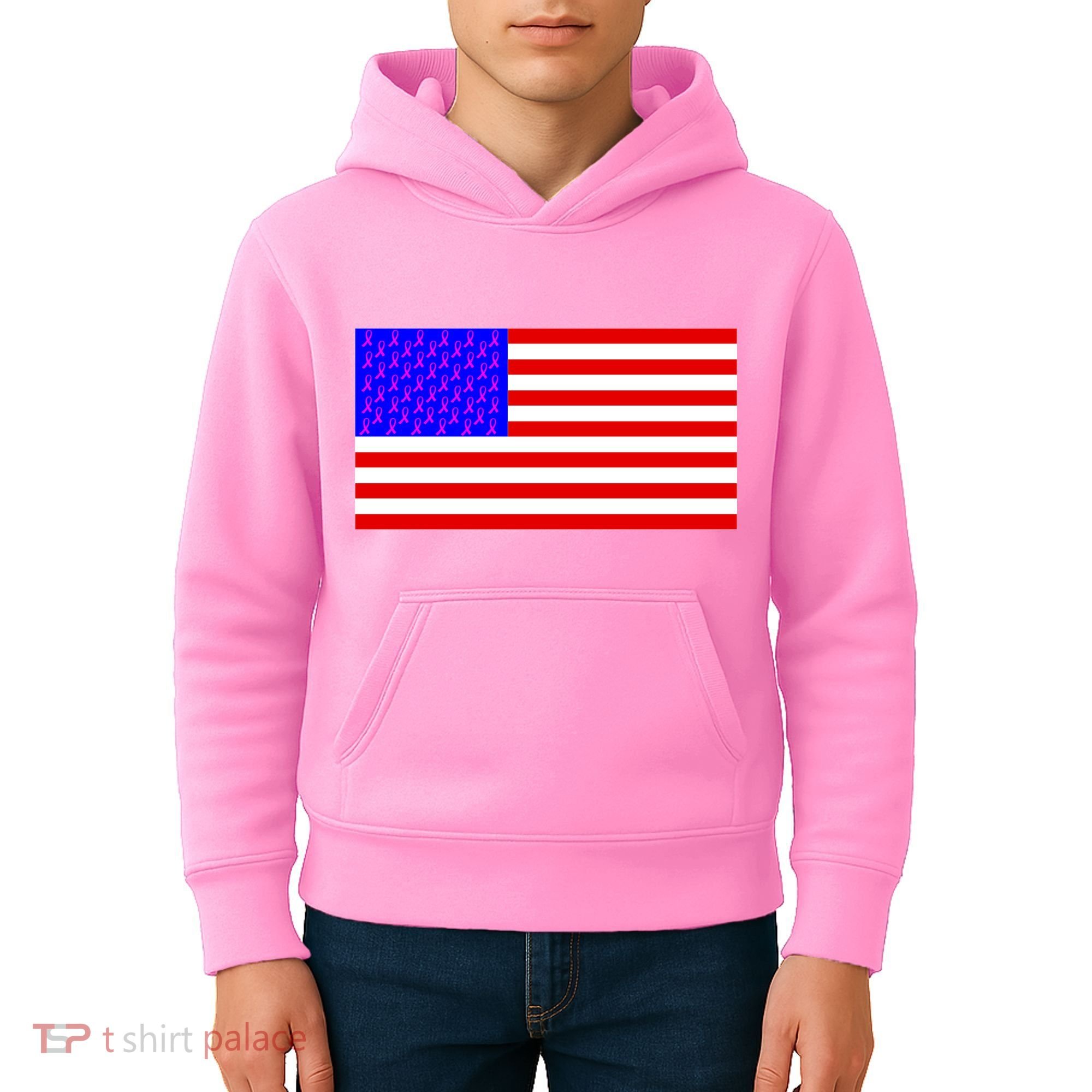 Breast Cancer Ribbons USA Flag Kids Hoodie
