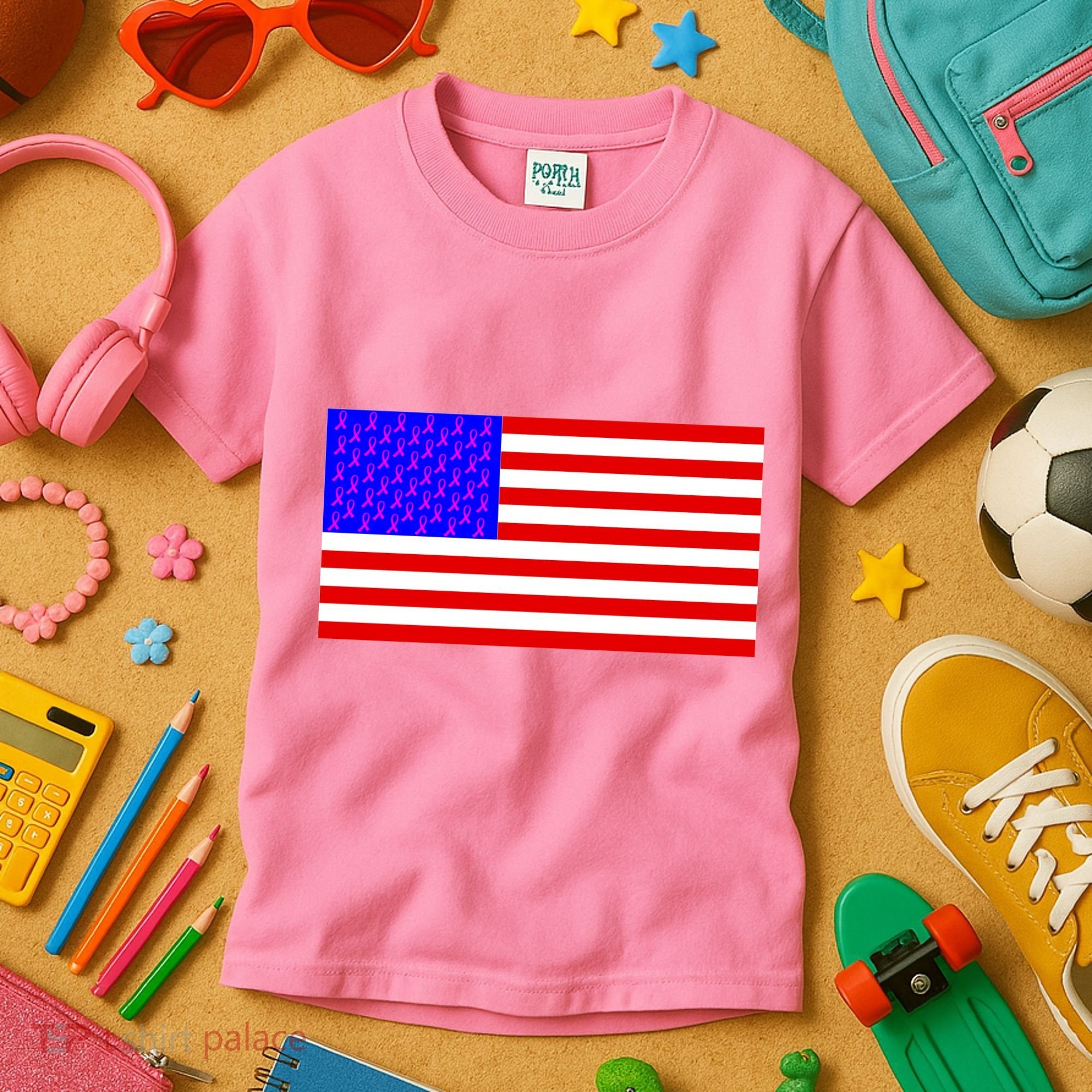Breast Cancer Ribbons USA Flag Kids T-Shirt