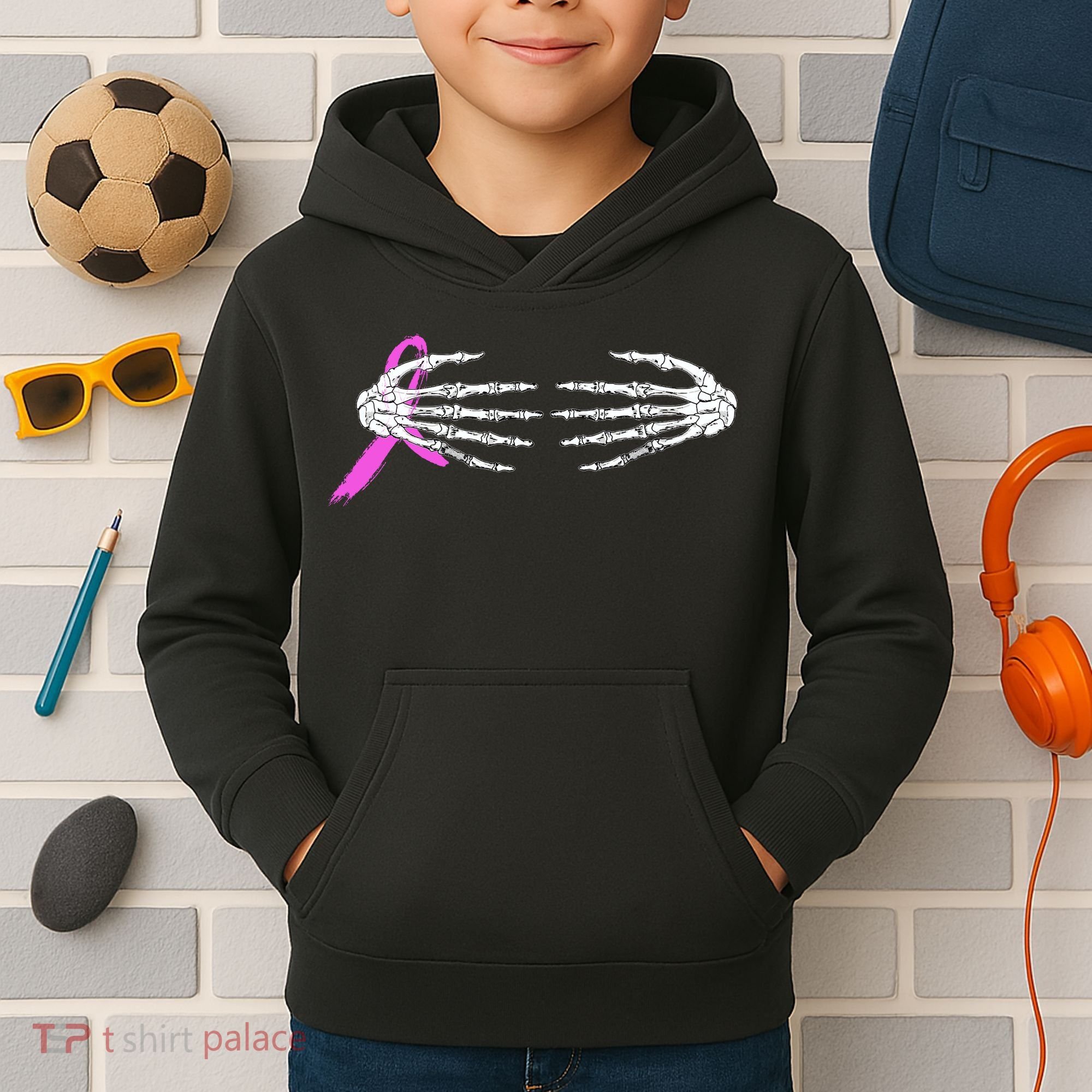 Breast Cancer Skeleton Hands Kids Hoodie
