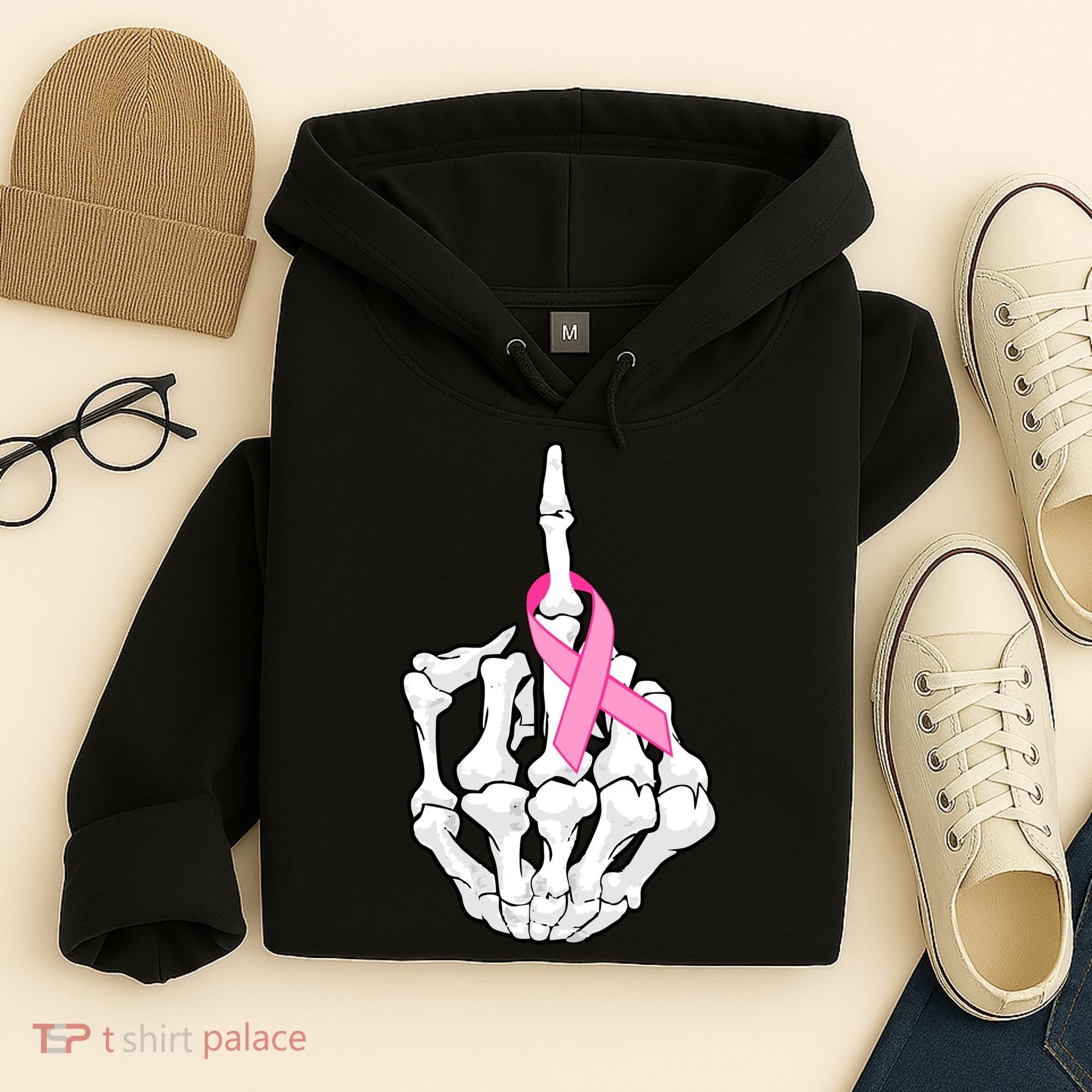 Breast Cancer Skeleton Middle Finger Ribbon Hoodie