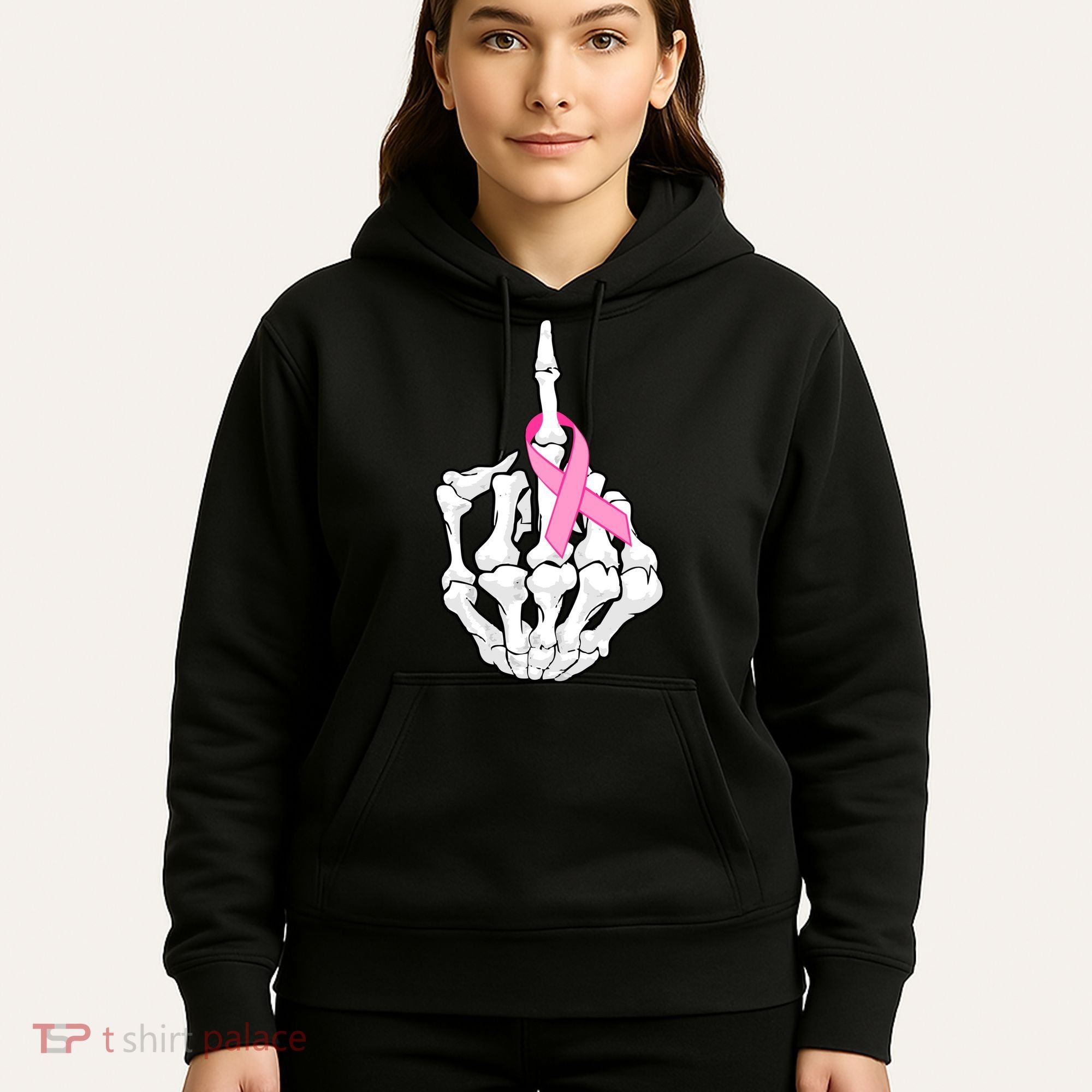 Breast Cancer Skeleton Middle Finger Ribbon Hoodie