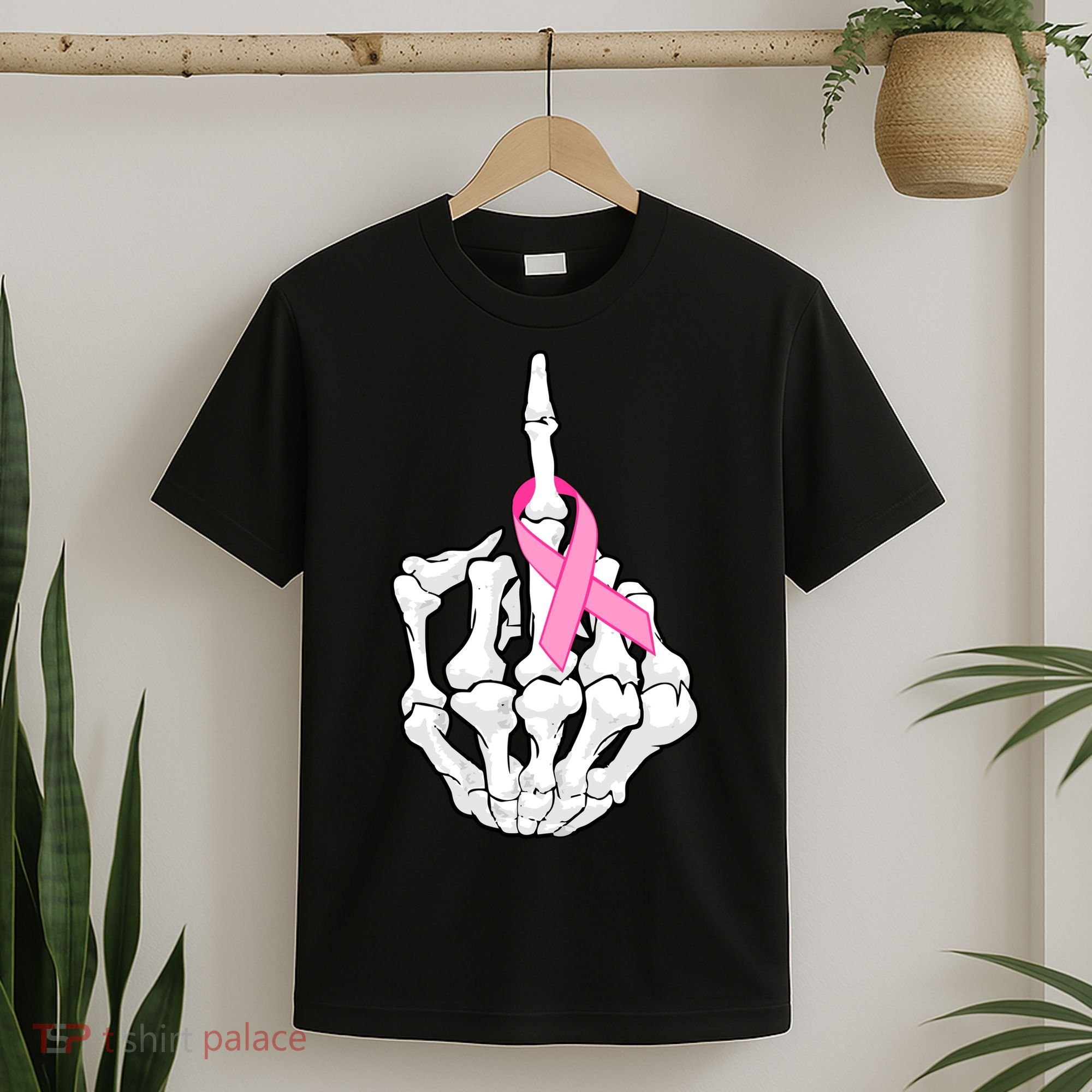 Breast Cancer Skeleton Middle Finger Ribbon T-Shirt