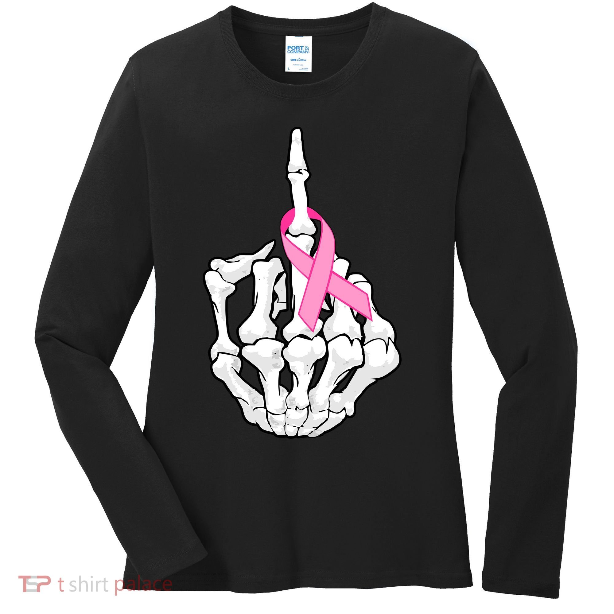 Breast Cancer Skeleton Middle Finger Ribbon Women's Long Sleeve Shirt