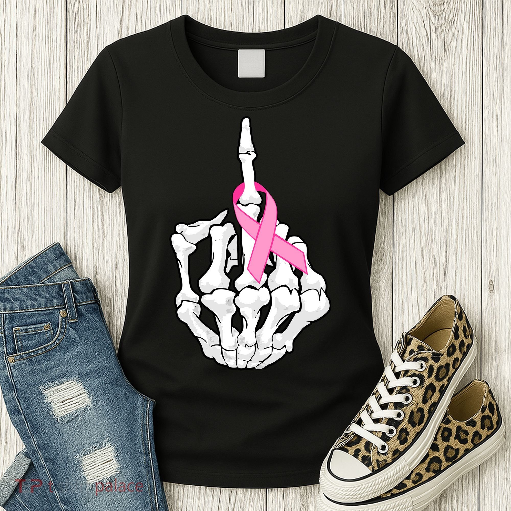 Breast Cancer Skeleton Middle Finger Ribbon Women's T-Shirt