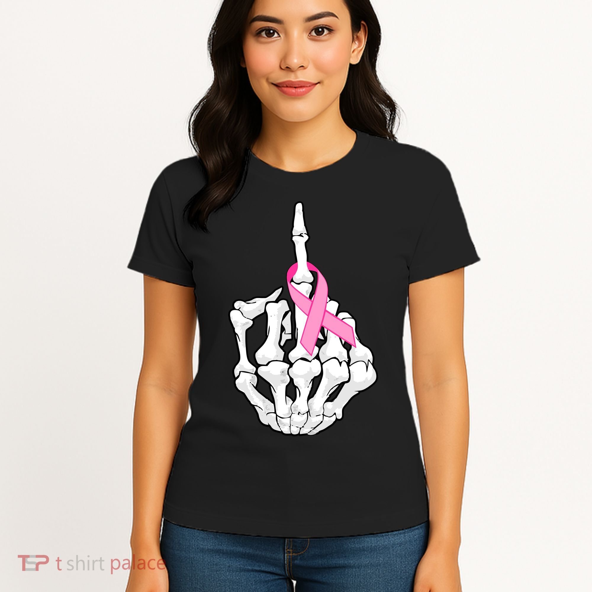 Breast Cancer Skeleton Middle Finger Ribbon Women's T-Shirt