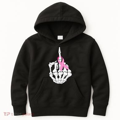 Breast Cancer Skeleton Middle Finger Ribbon Kids Hoodie
